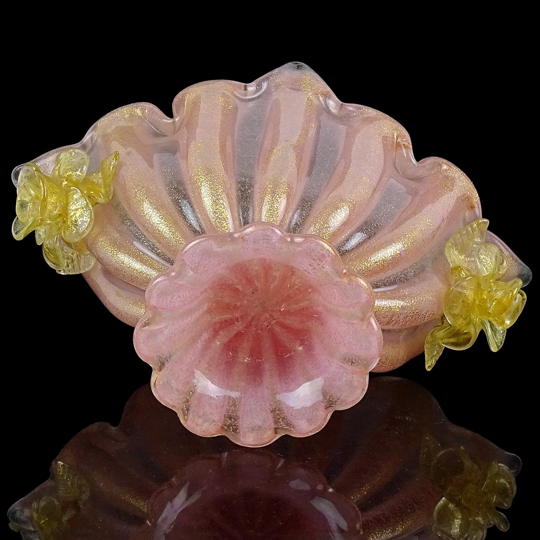 Barovier Toso Murano Pink Gold Flecks Flowers Italian Art Glass Compote Bowl 5