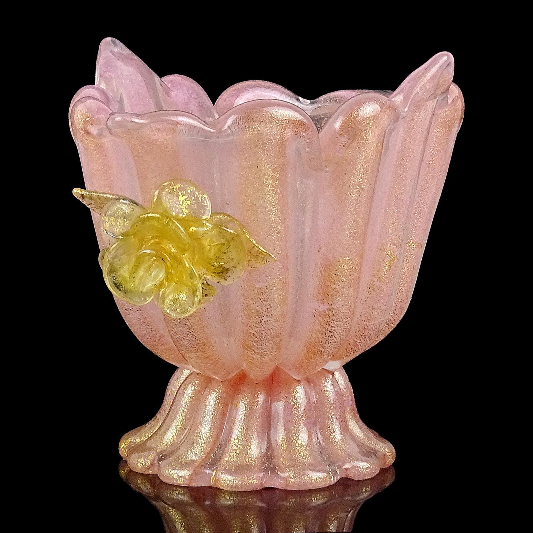 Mid-Century Modern Barovier Toso Murano Pink Gold Flecks Flowers Italian Art Glass Compote Bowl