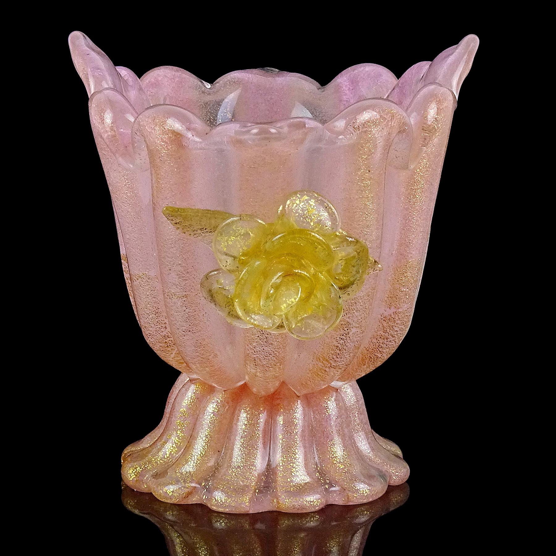 Hand-Crafted Barovier Toso Murano Pink Gold Flecks Flowers Italian Art Glass Compote Bowl
