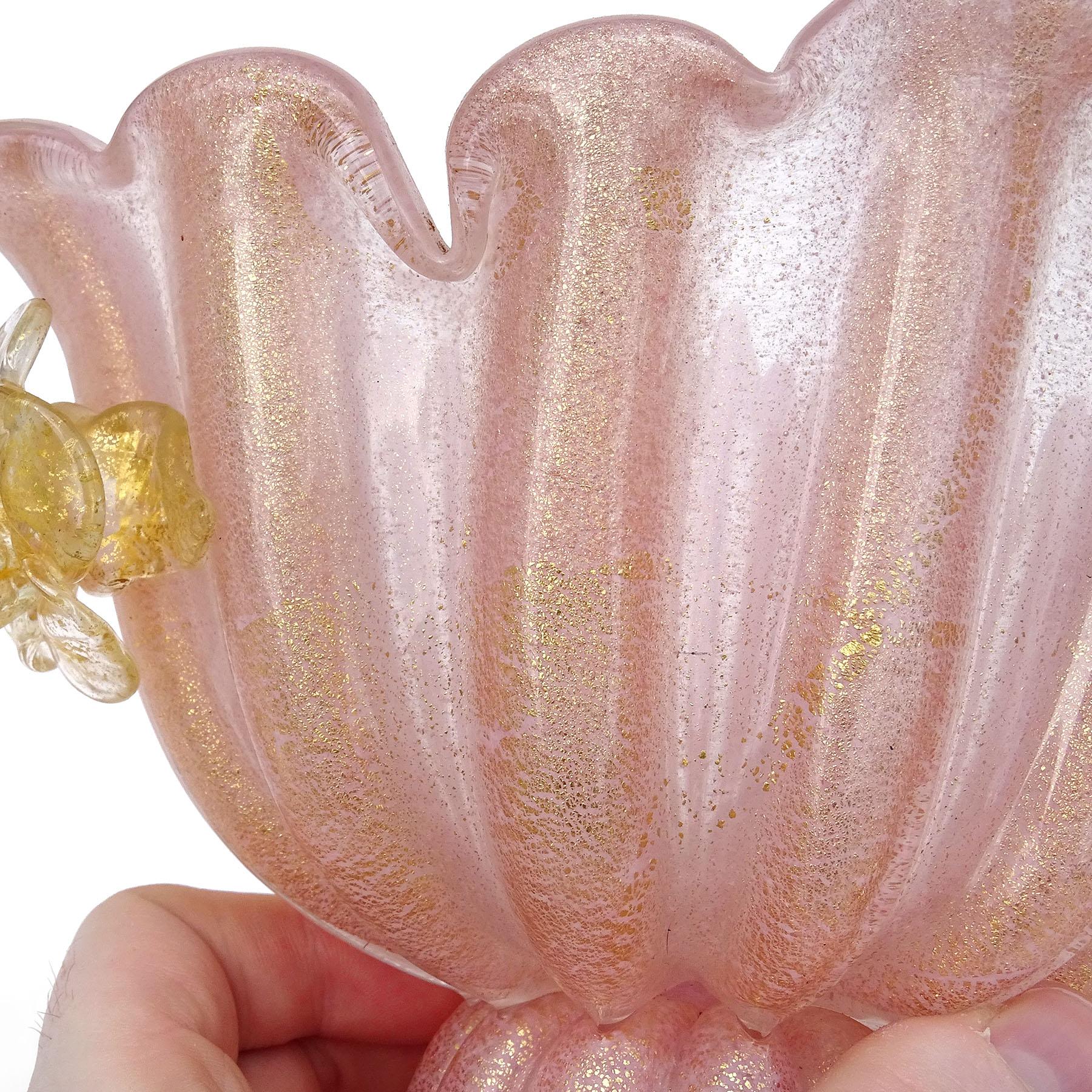 Mid-20th Century Barovier Toso Murano Pink Gold Flecks Flowers Italian Art Glass Compote Bowl