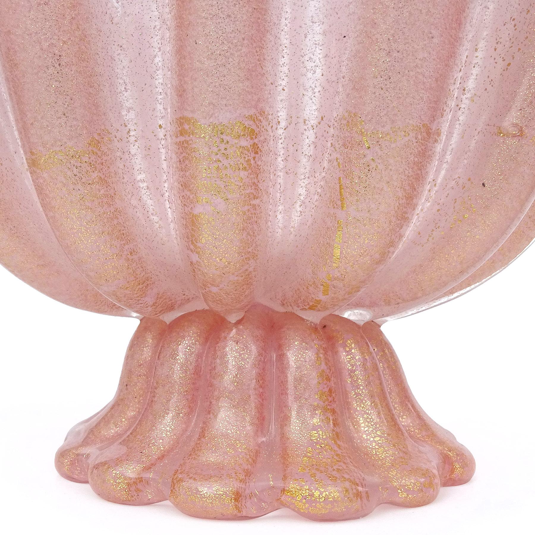 Barovier Toso Murano Pink Gold Flecks Flowers Italian Art Glass Compote Bowl 2