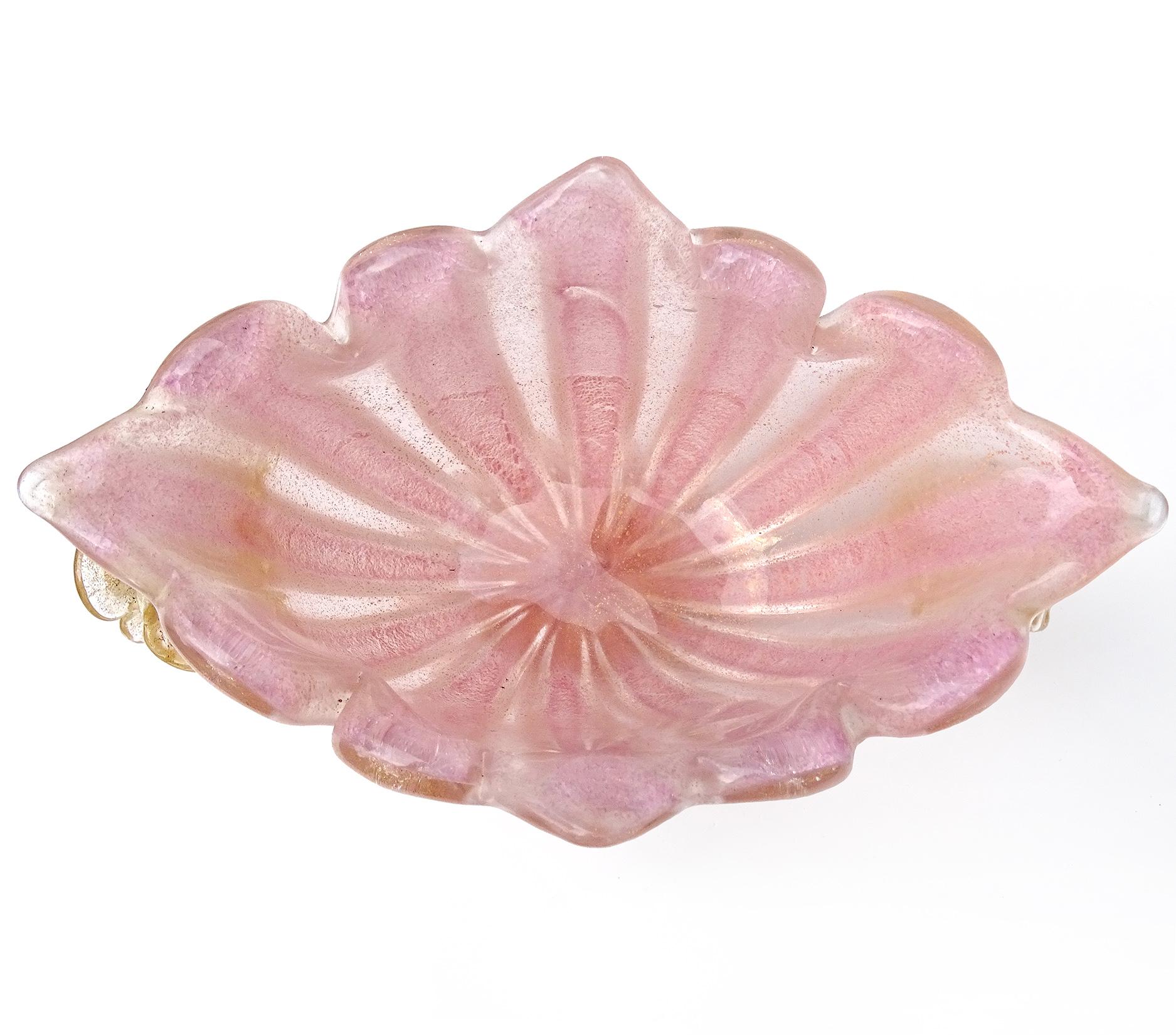 Barovier Toso Murano Pink Gold Flecks Flowers Italian Art Glass Compote Bowl 3