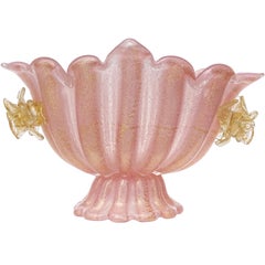 Barovier Toso Murano Pink Gold Flecks Flowers Italian Art Glass Compote Bowl