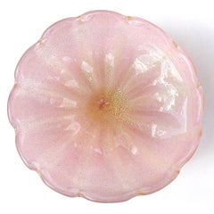 Barovier Toso Murano Pink Gold Flecks Italian Art Glass Ribbed Compote Bowl