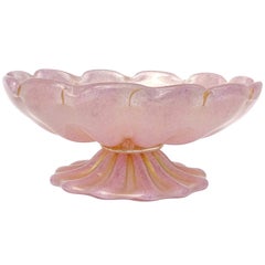 Barovier Toso Murano Pink Gold Flecks Italian Art Glass Ribbed Compote Bowl