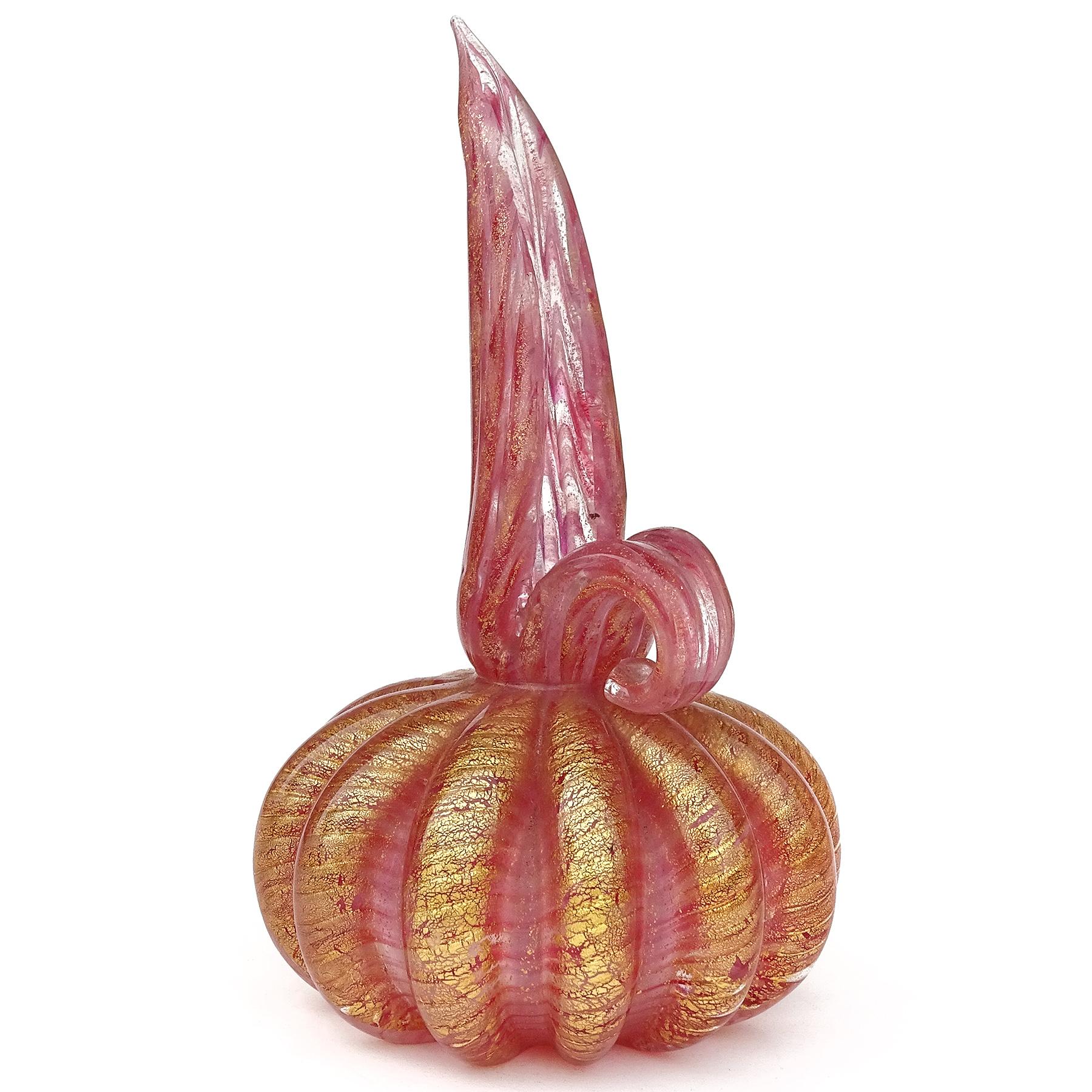 Beautiful vintage Murano hand blown pink and gold flecks Italian art glass pitcher shaped flower vase. Documented to designer Ercole Barovier, for the Barovier e Toso company. Created in the 