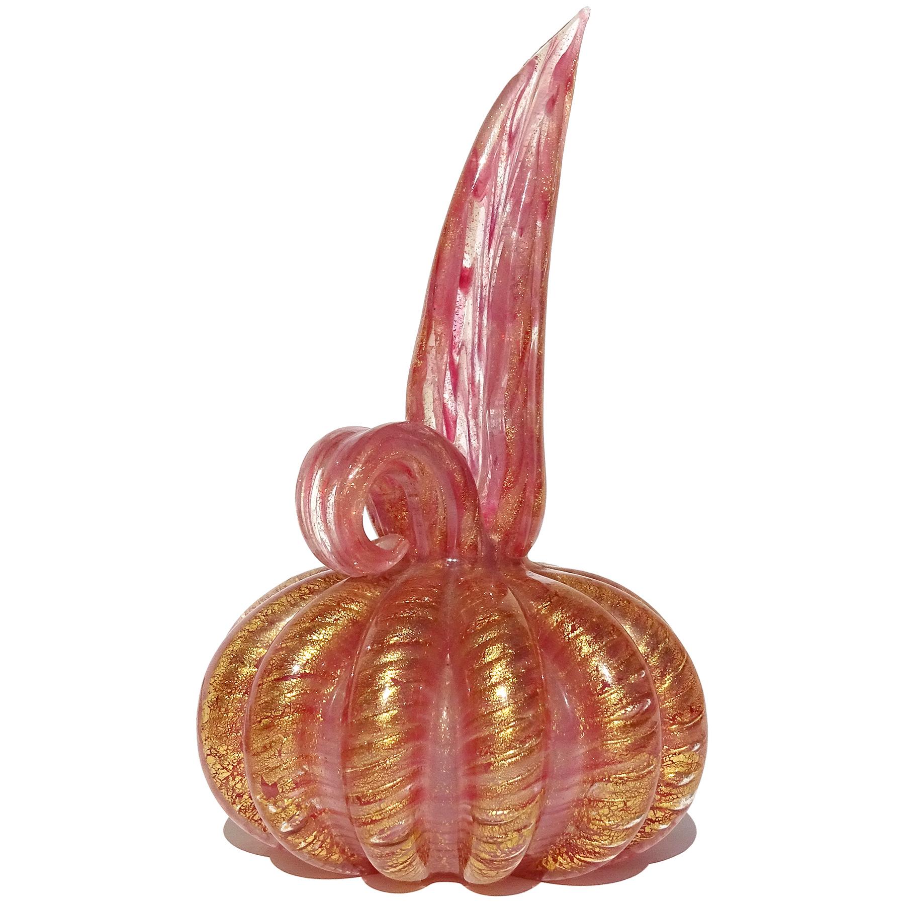 Hand-Crafted Barovier Toso Murano Pink Gold Flecks Italian Art Glass Ribbed Pitcher Vase For Sale