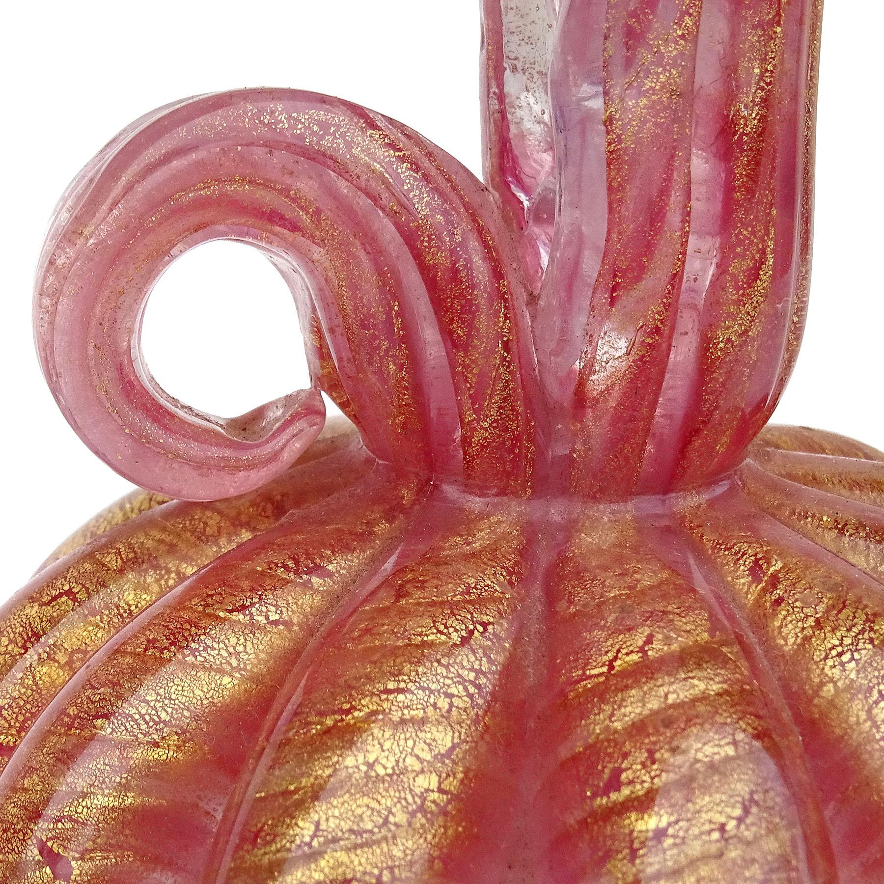 Hand-Crafted Barovier Toso Murano Pink Gold Flecks Italian Art Glass Ribbed Pitcher Vase