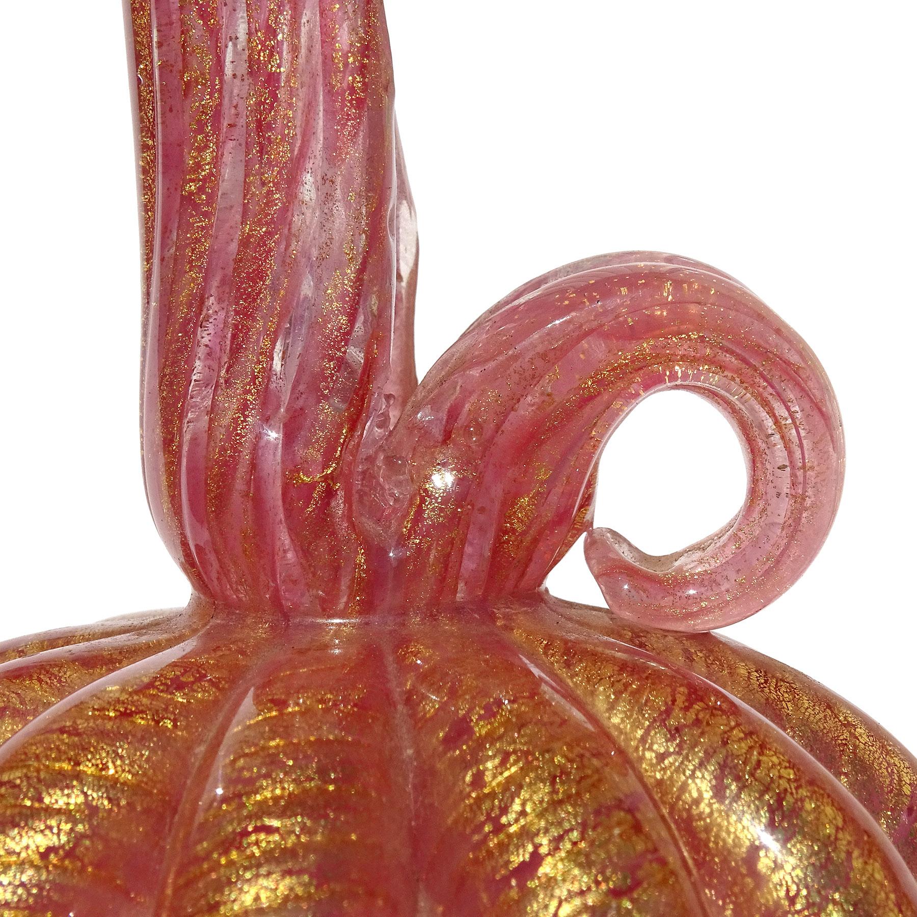 Barovier Toso Murano Pink Gold Flecks Italian Art Glass Ribbed Pitcher Vase For Sale 1