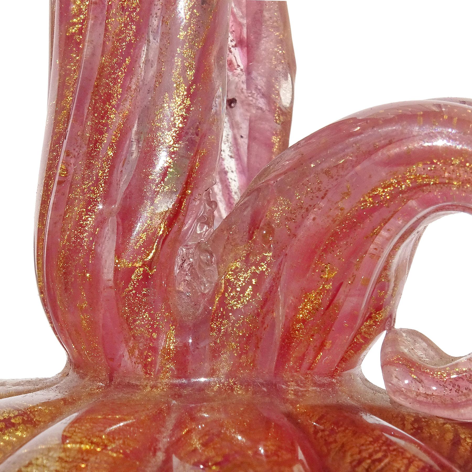 Barovier Toso Murano Pink Gold Flecks Italian Art Glass Ribbed Pitcher Vase 1