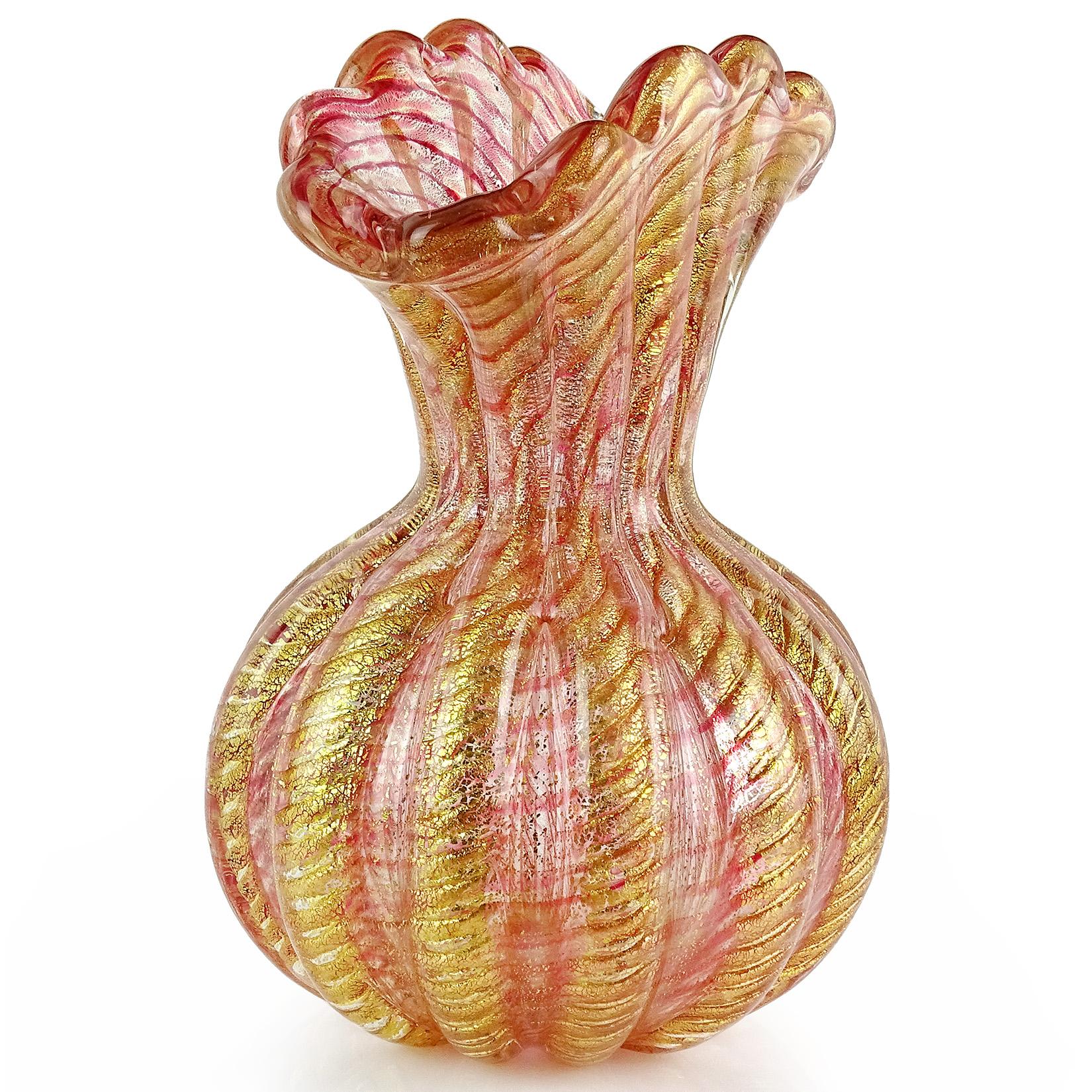 Beautiful vintage Murano hand blown gold flecks, pink stripes Italian art glass fan rim flower vase. Documented to designer Ercole Barovier, for Barovier e Toso. Created in the 