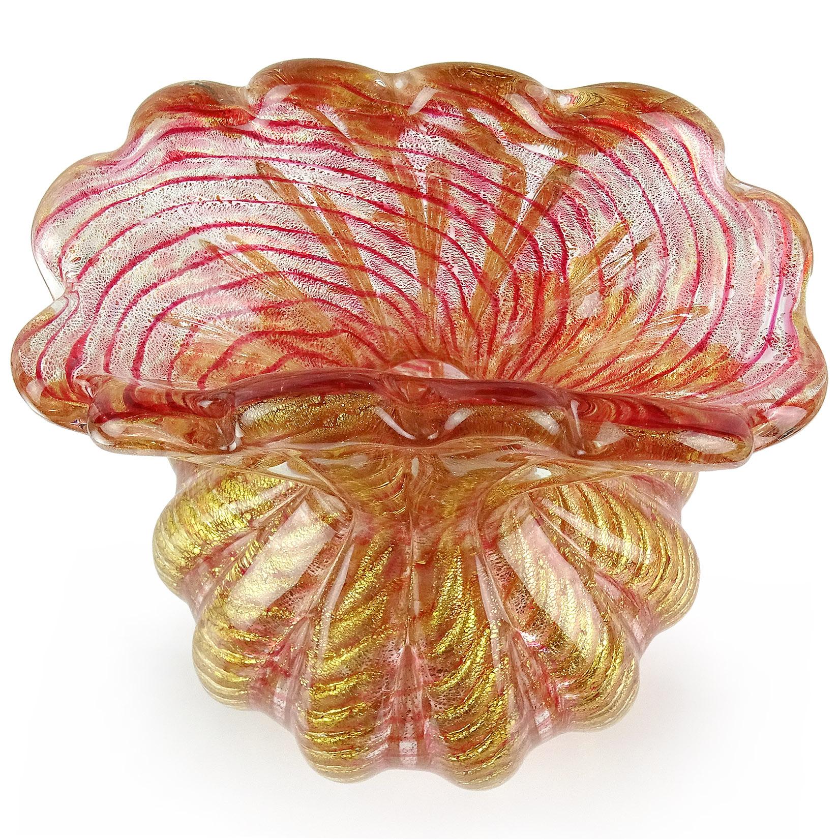 Mid-Century Modern Barovier Toso Murano Pink Stripes Gold Flecks Italian Art Glass Fan Flower Vase