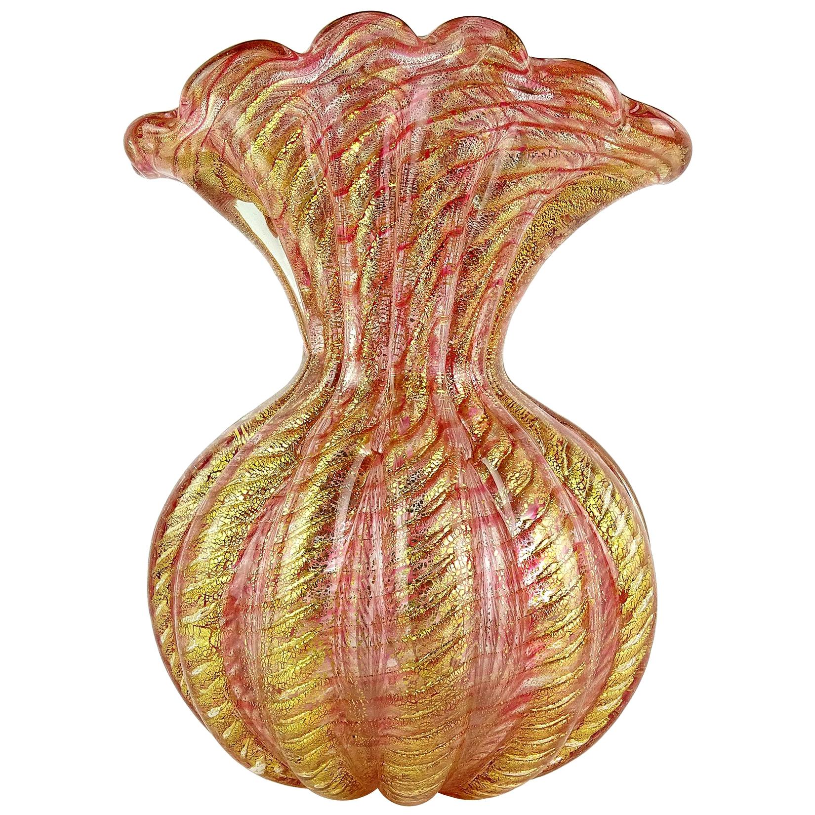 Barovier Toso Murano Pink Stripes Gold Flecks Italian Art Glass Fan Flower Vase
