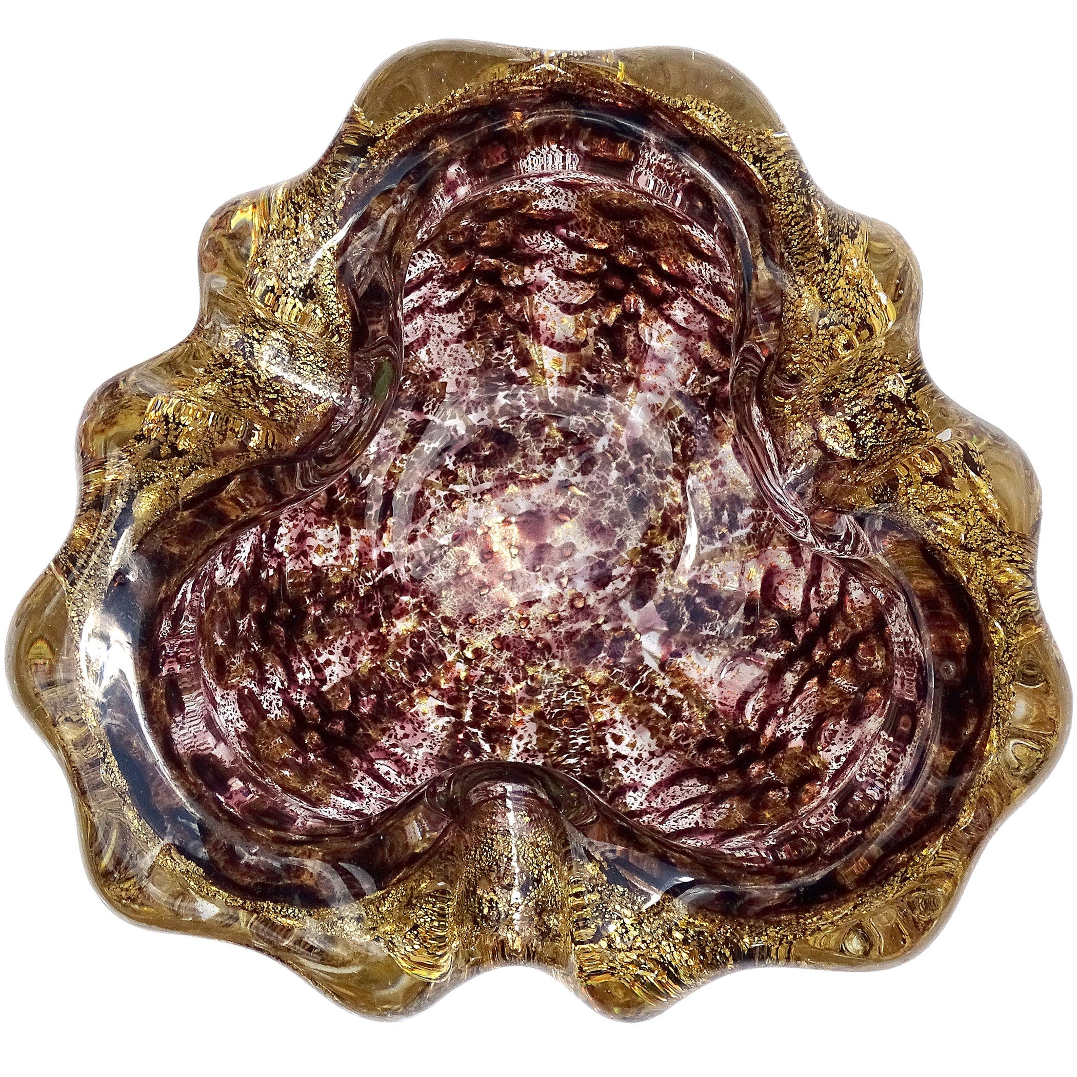 Barovier&Toso Murano, vetro artistico italiano a scaglie d'oro, posacenere a forma di ciotola