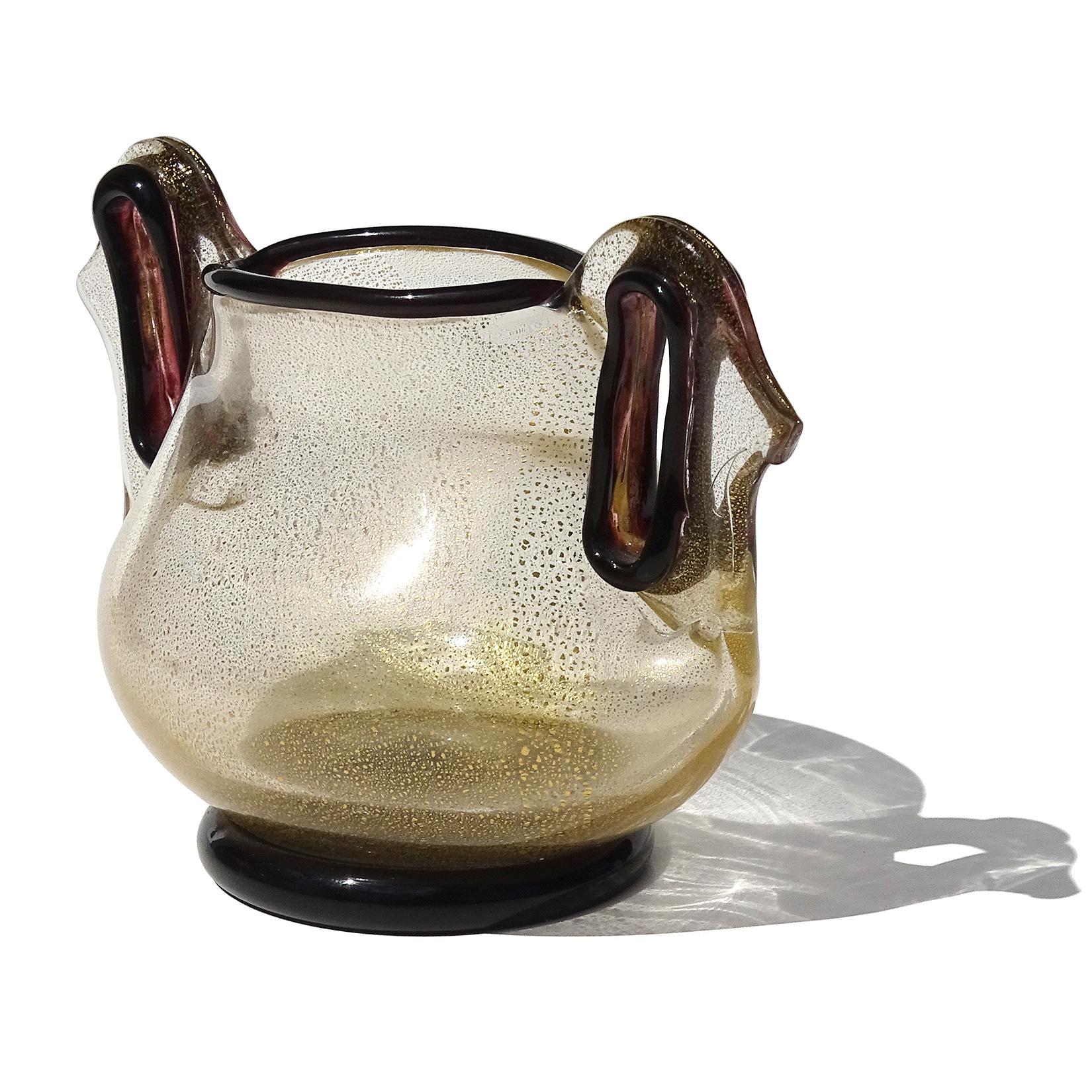 Fait main Barovier Toso - Vase à double poignée en verre d'art italien de Murano, violet et moucheté d'or en vente