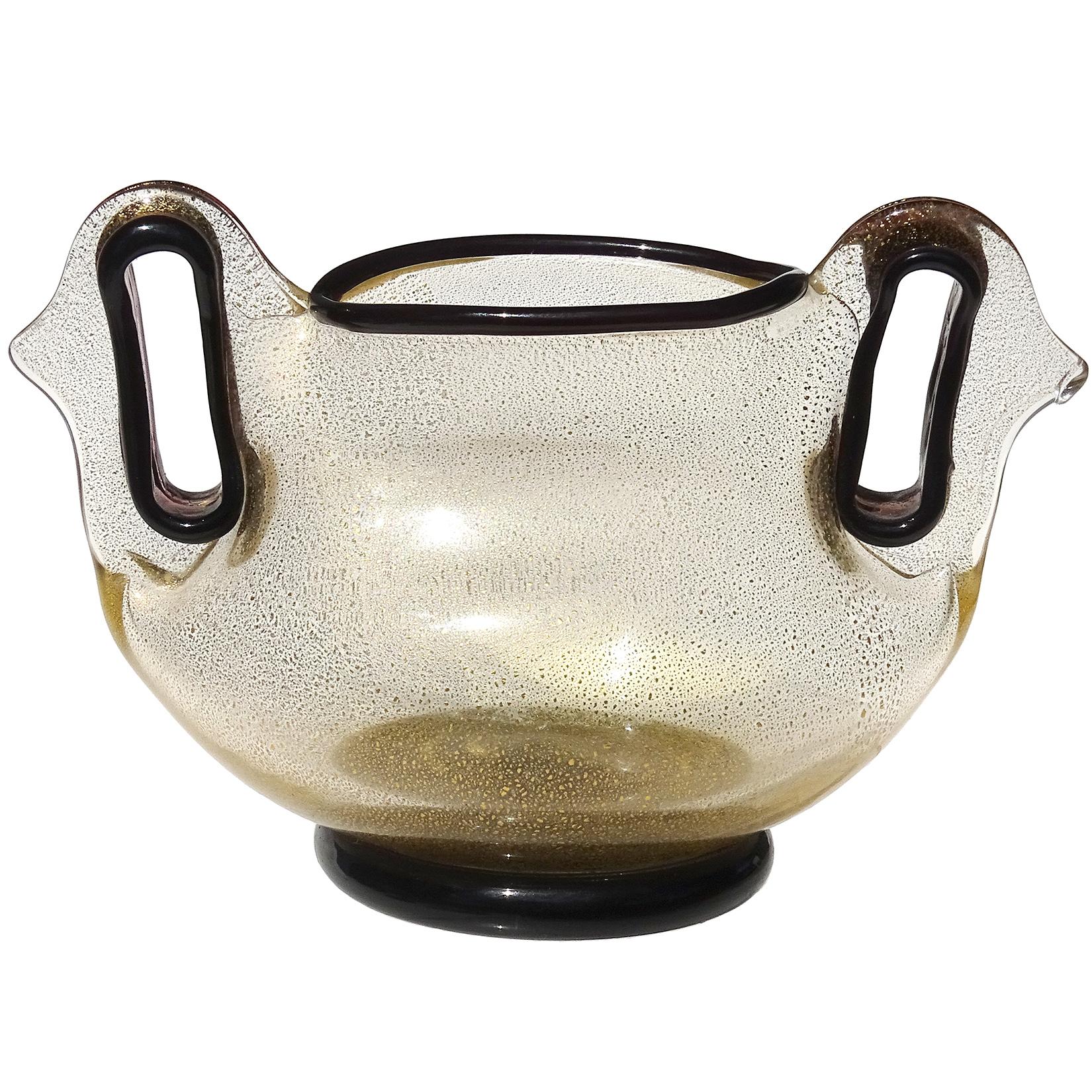 Barovier Toso Murano Purple Gold Flecks Italian Art Glass Double Handle Vase For Sale