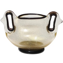 Barovier Toso Murano Purple Gold Flecks Italian Art Glass Double Handle Vase