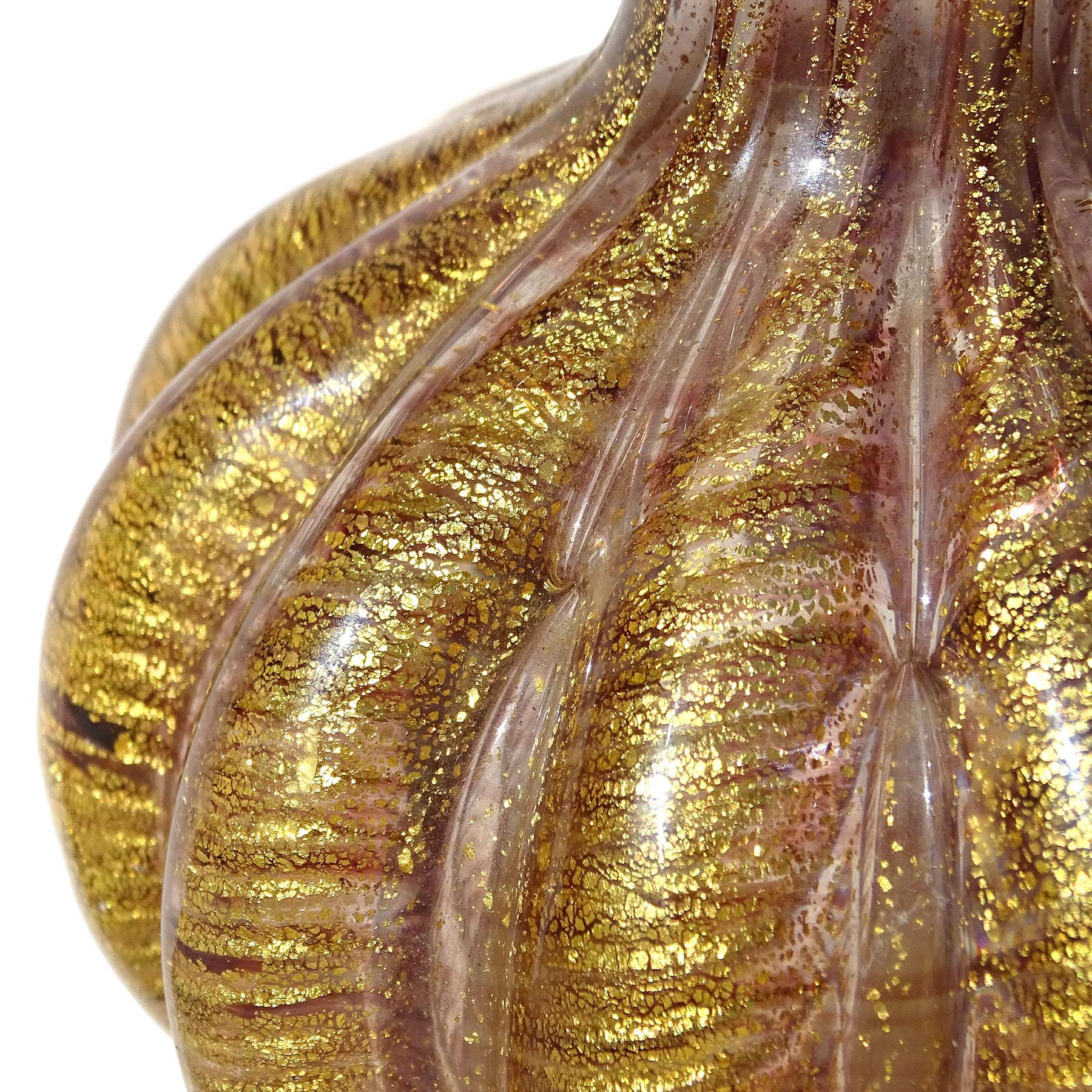 Barovier&Toso Murano Purple Gold Flecks Italian Art Glass Fan Top Flower Vase en vente 2