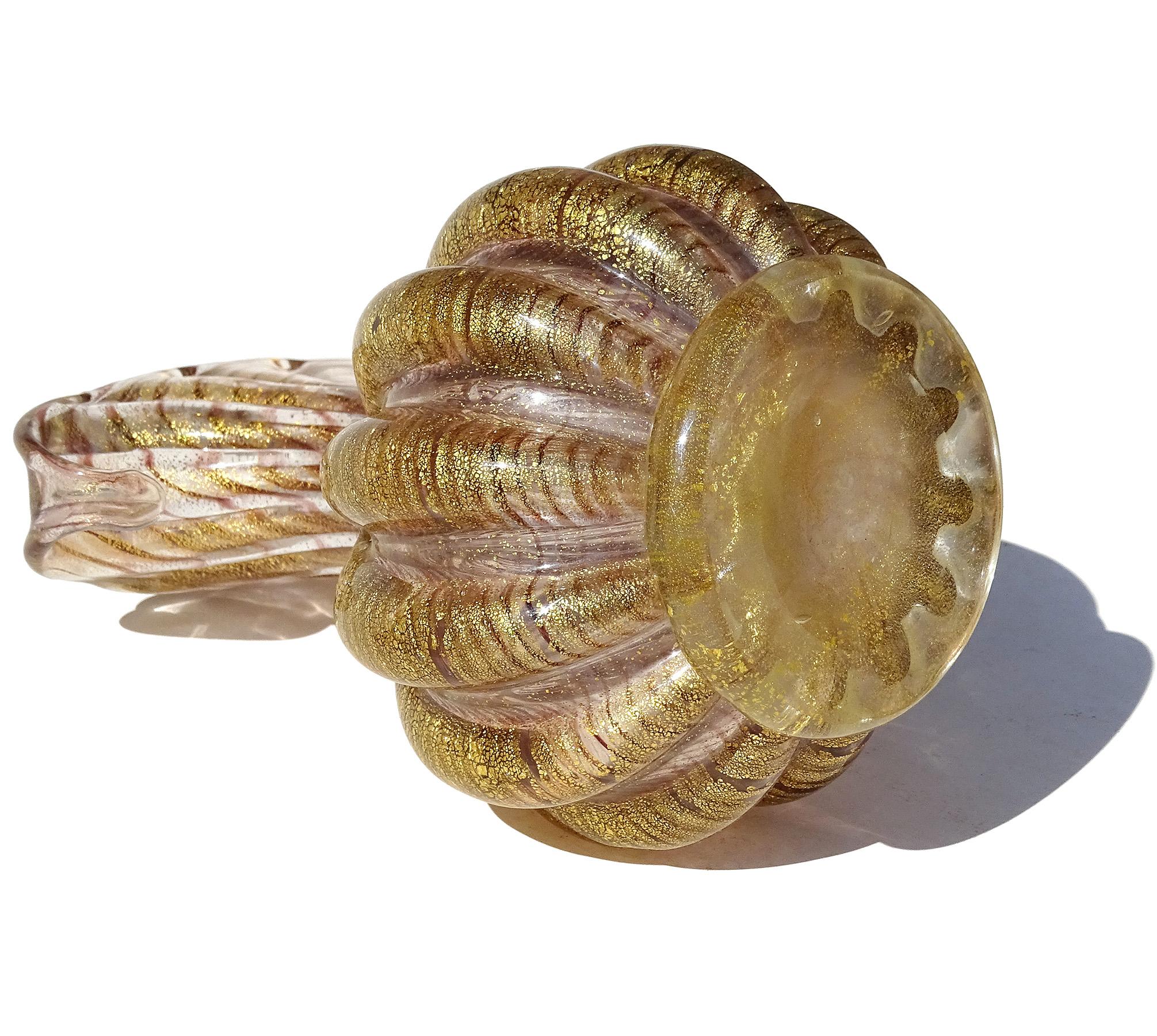 Barovier&Toso Murano Purple Gold Flecks Italian Art Glass Fan Top Flower Vase en vente 3