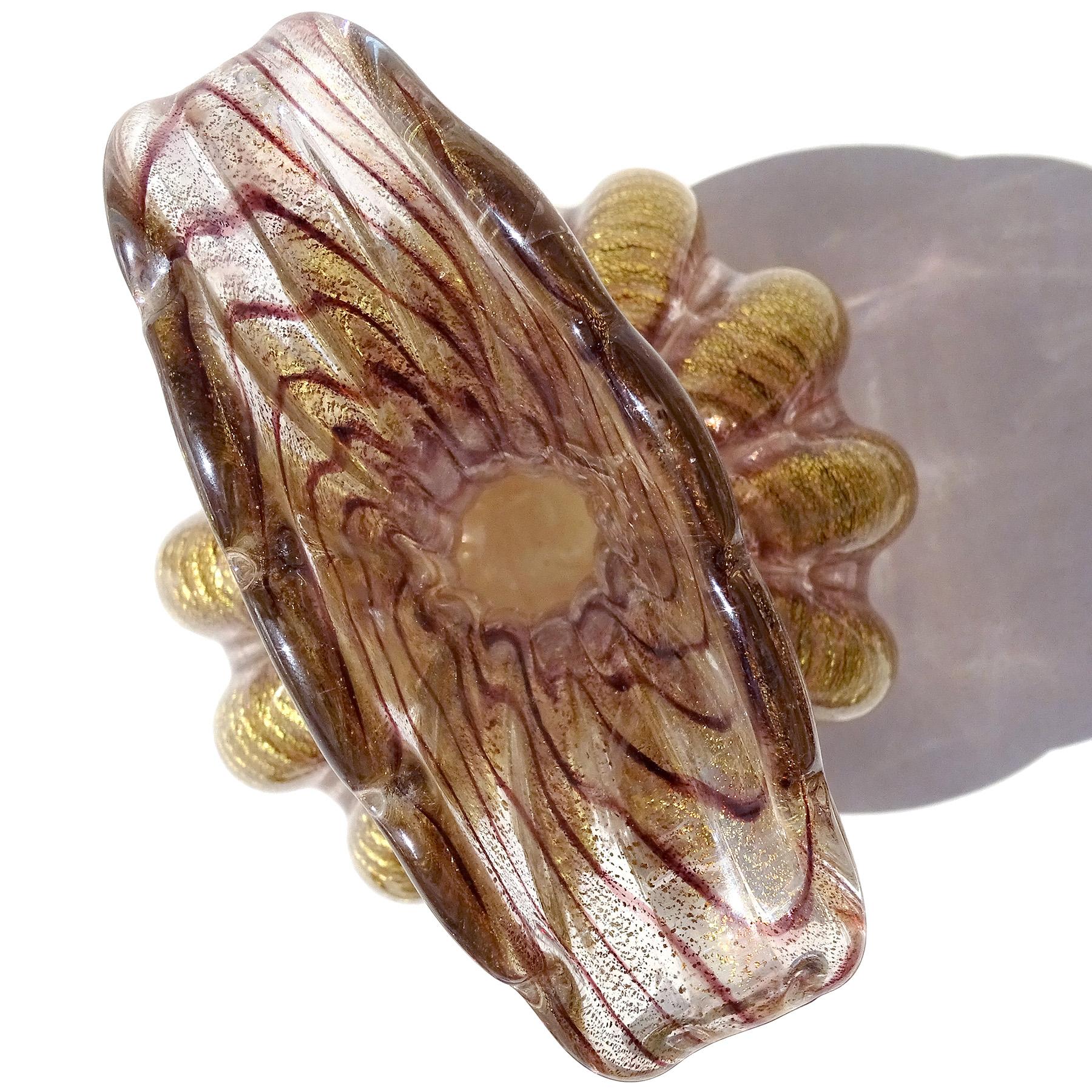 Barovier&Toso Murano Purple Gold Flecks Italian Art Glass Fan Top Flower Vase en vente 1