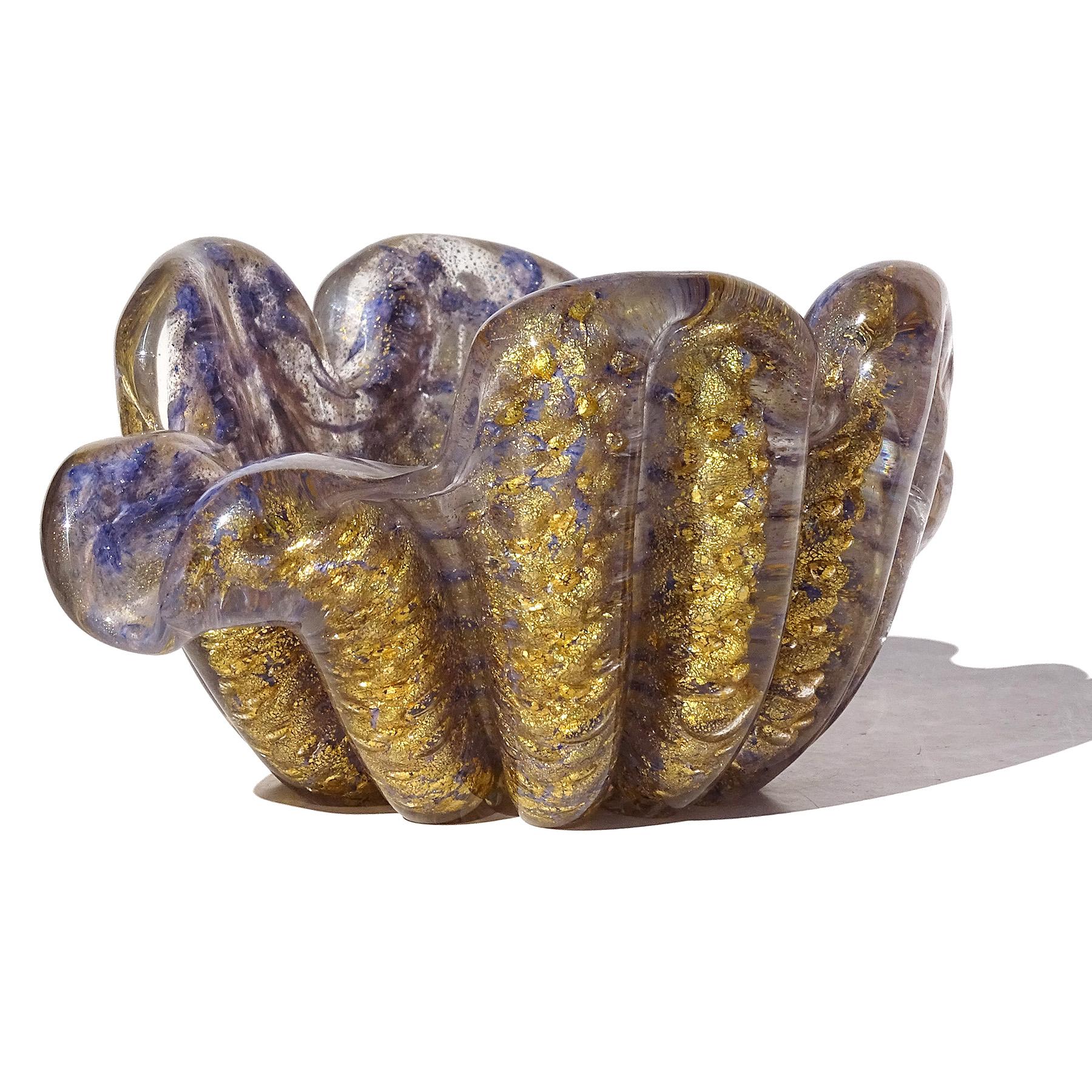 Mid-Century Modern Barovier Toso Murano Purple Gold Flecks Italian Art Glass Flower Form Bowl Dish For Sale
