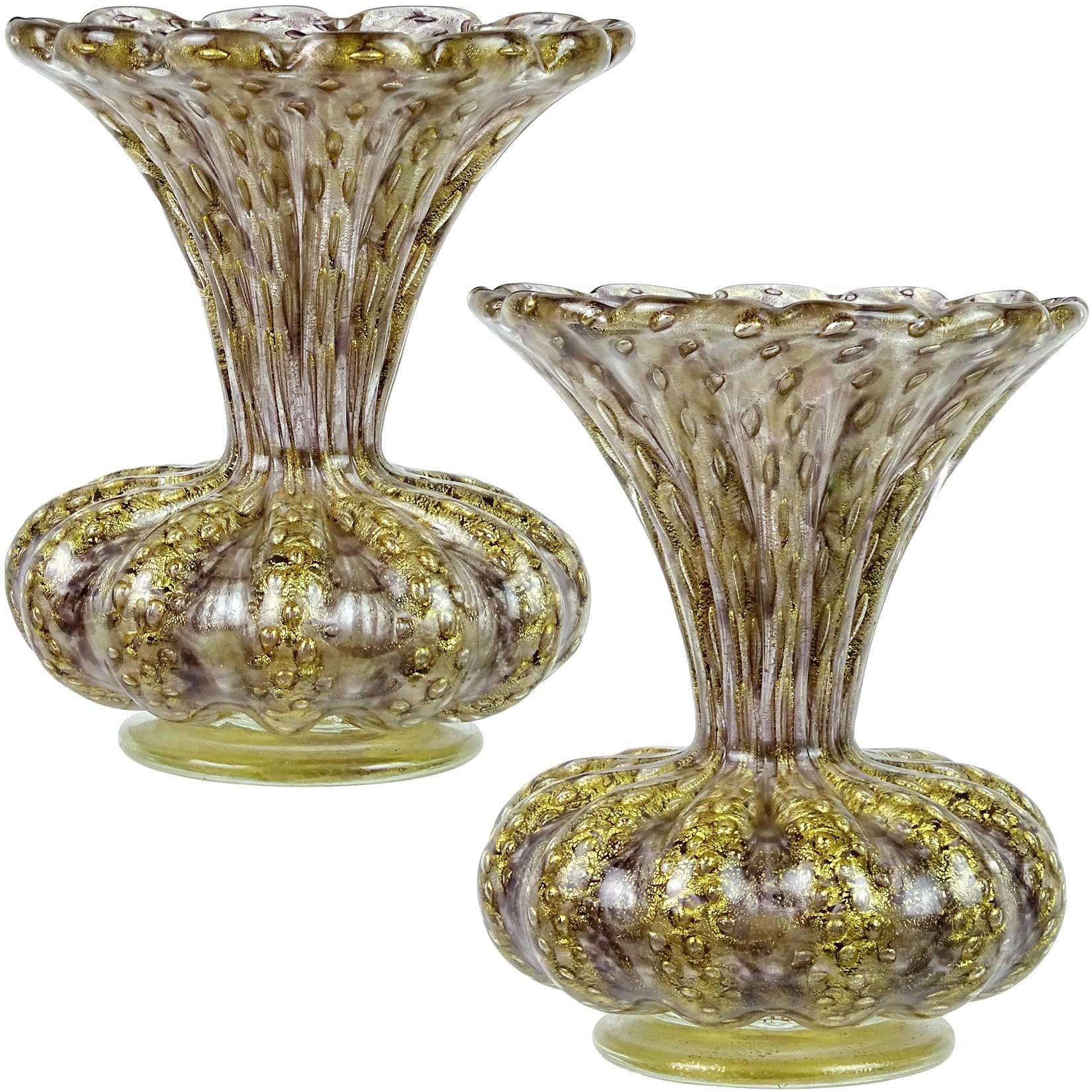 Mid-Century Modern Barovier Toso Murano Purple Gold Flecks Italian Art Glass Ribbed Flower Vases