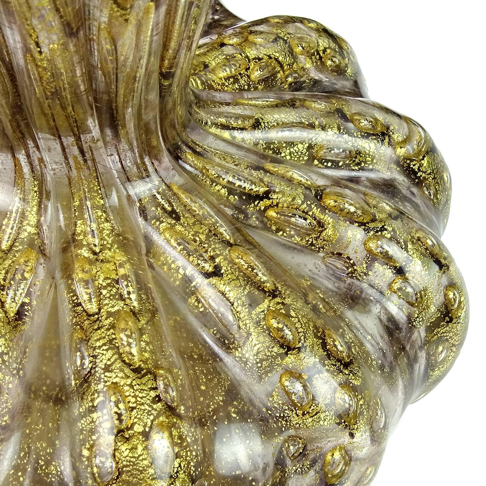 Barovier Toso Murano Purple Gold Flecks Italian Art Glass Ribbed Flower Vases In Good Condition In Kissimmee, FL