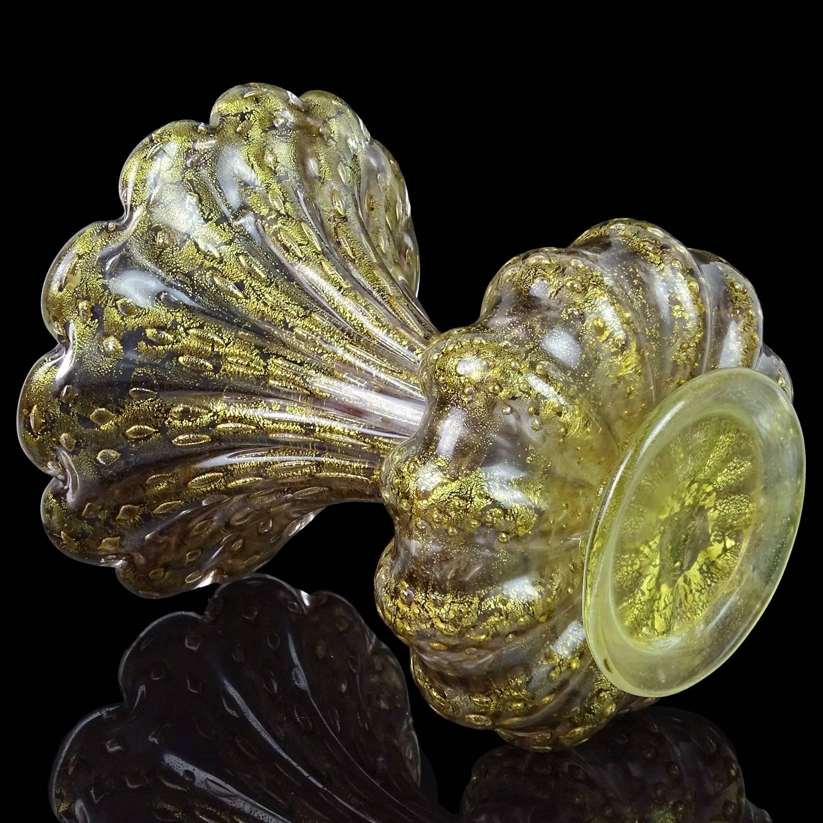 Mid-20th Century Barovier Toso Murano Purple Gold Flecks Italian Art Glass Ribbed Flower Vases