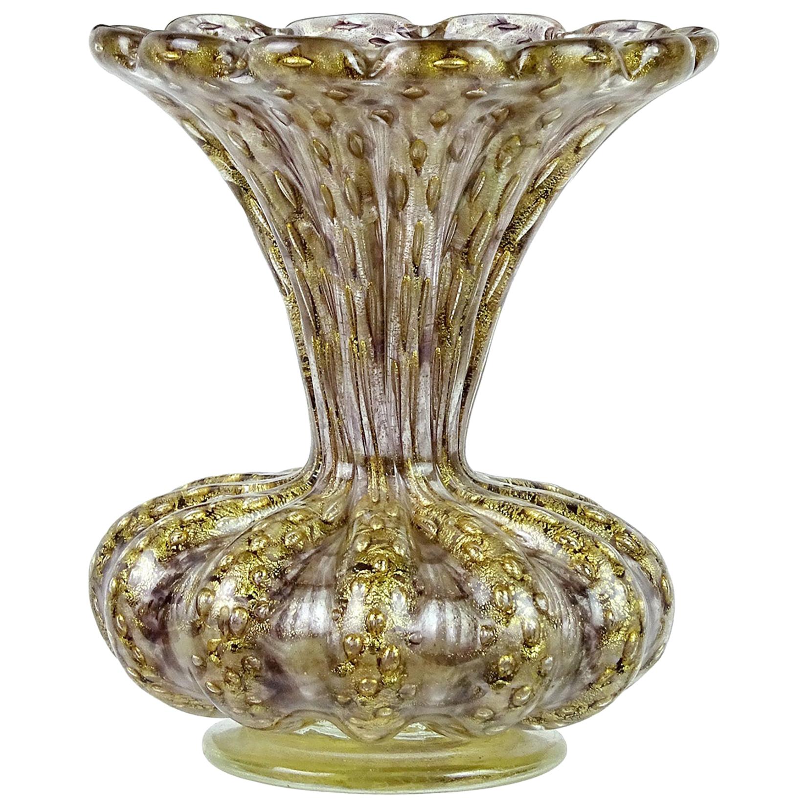 Barovier Toso Murano Purple Gold Flecks Italian Art Glass Ribbed Flower Vases