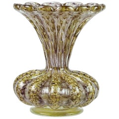 Barovier Toso Murano Purple Gold Flecks Italian Art Glass Ribbed Flower Vases