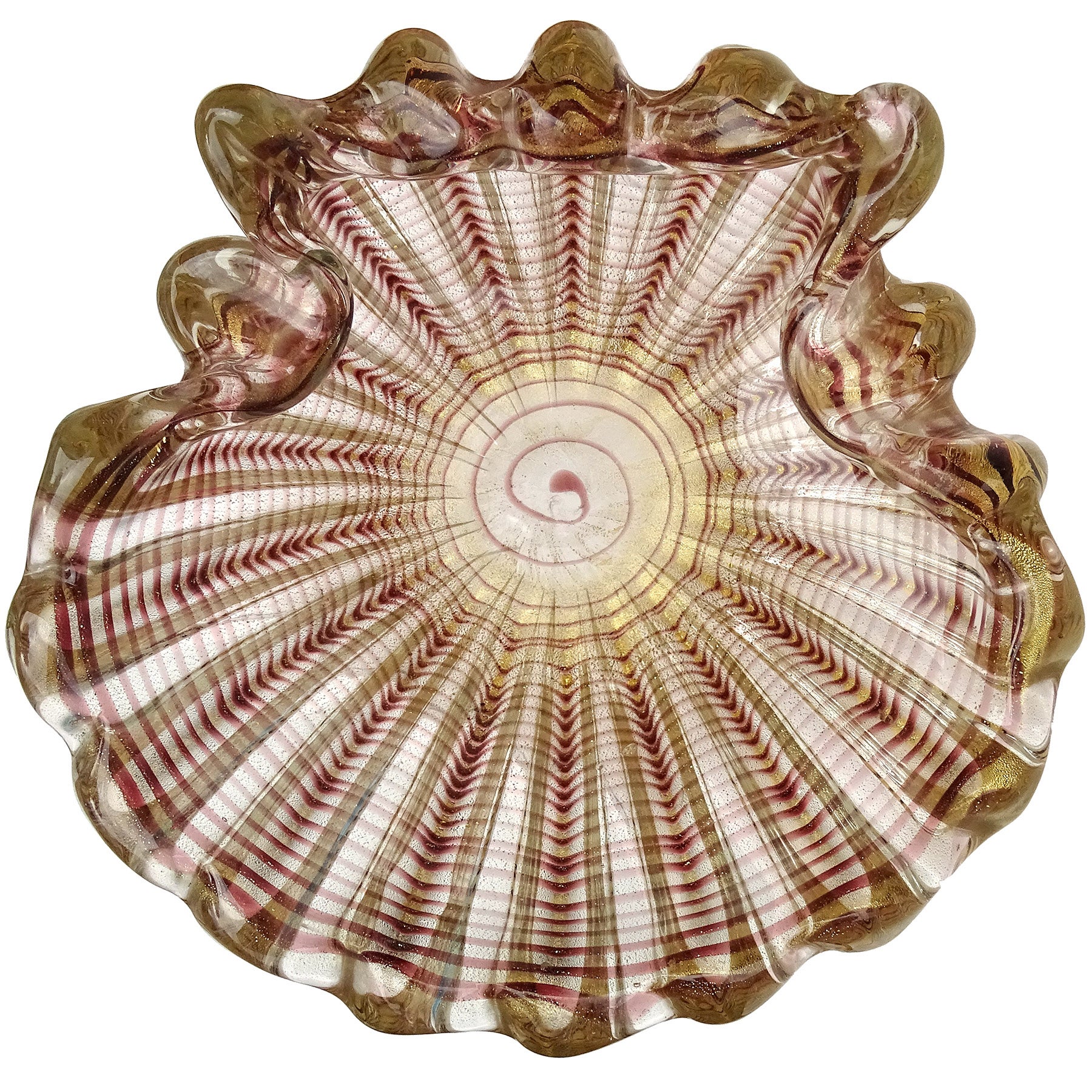 Barovier Toso Murano Purple Gold Flecks Italian Art Glass Ribbed Seashell Bowl