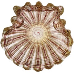 Barovier Toso Murano Purple Gold Flecks Italian Art Glass Ribbed Seashell Bowl