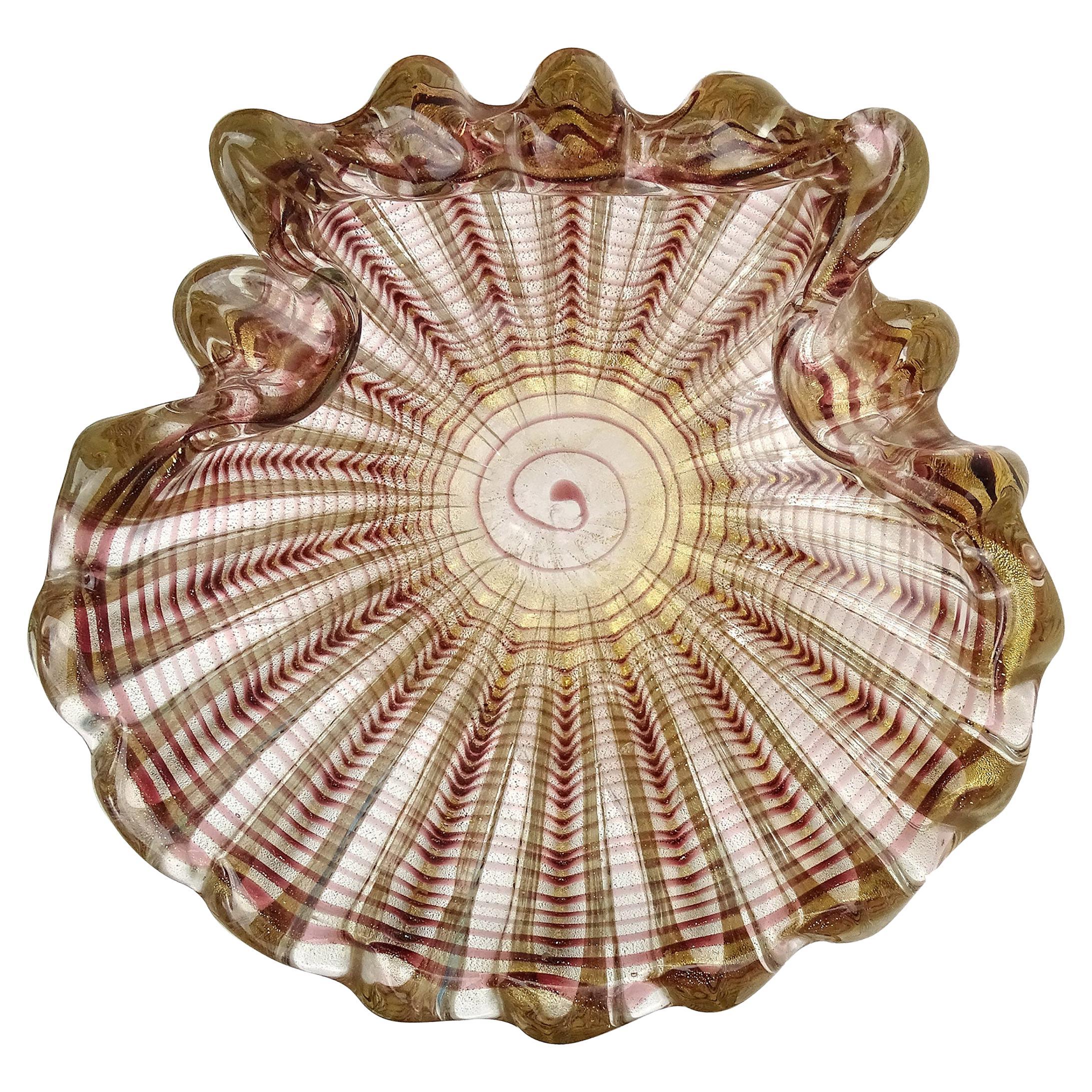 Barovier Toso Murano Lila Goldflecken Italienisches Kunstglas Gerippte Muschelschale