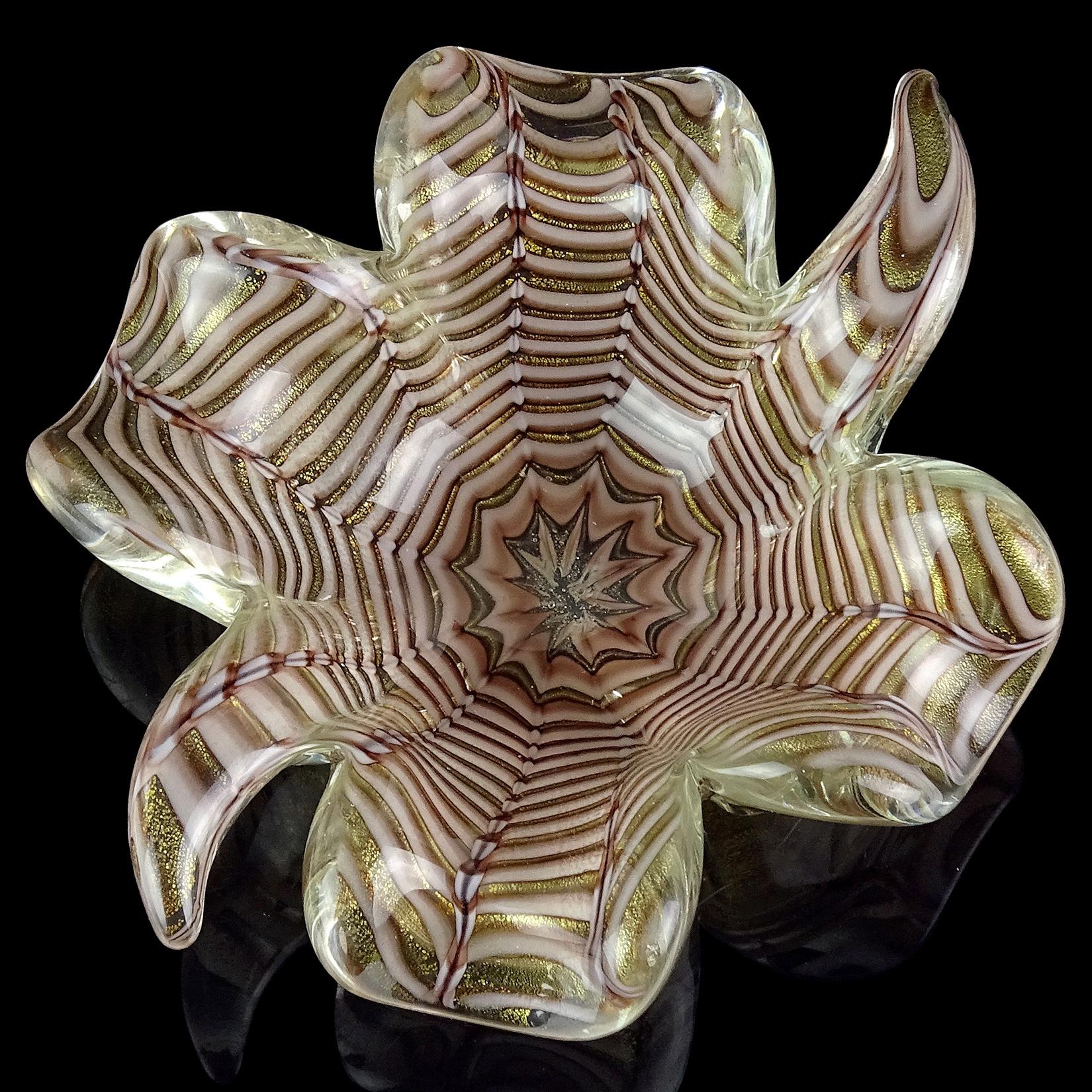 Mid-Century Modern Barovier Toso Murano Purple Spiderweb Gold Flecks Italian Art Glass Bowl Dish