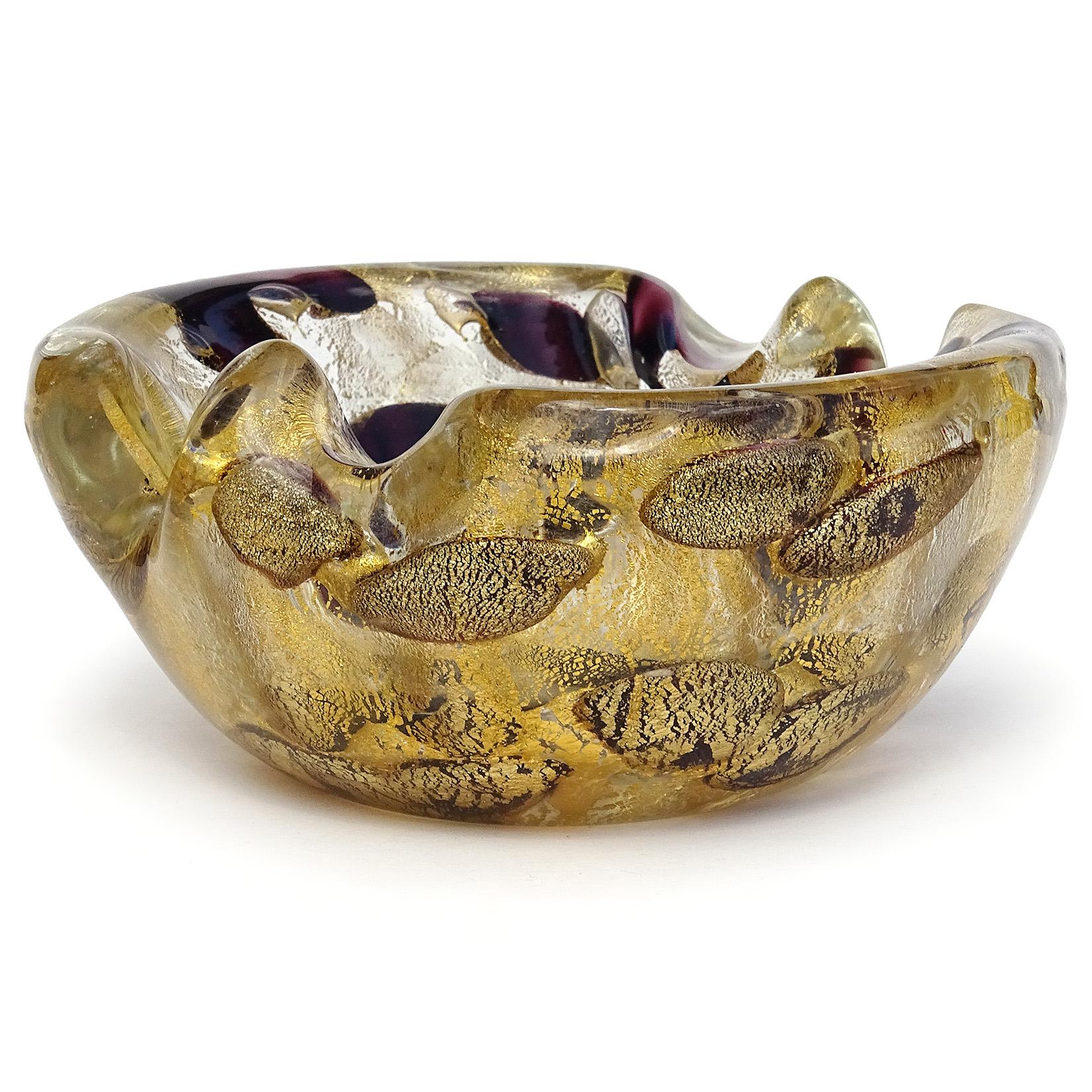 Mid-Century Modern Barovier Toso Murano Purple Spots Gold Flecks Italian Art Glass Ashtray Dish