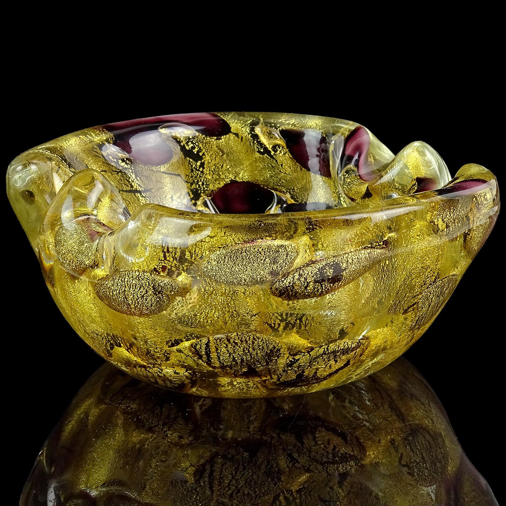 Barovier Toso Murano Purple Spots Gold Flecks Italian Art Glass Ashtray Dish In Good Condition In Kissimmee, FL