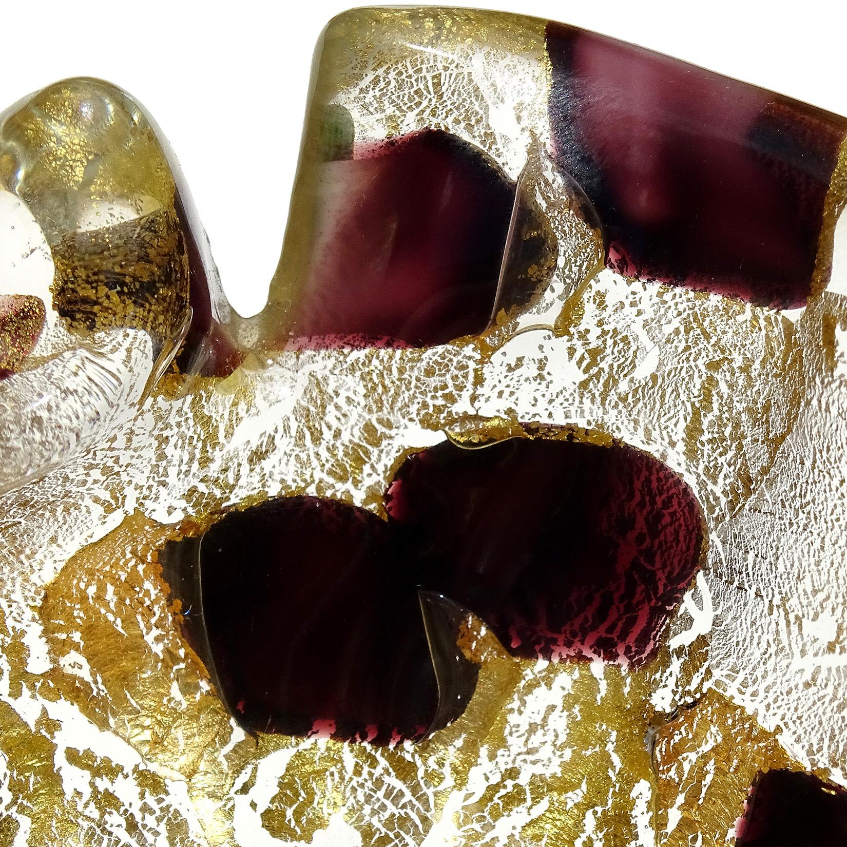 20th Century Barovier Toso Murano Purple Spots Gold Flecks Italian Art Glass Ashtray Dish