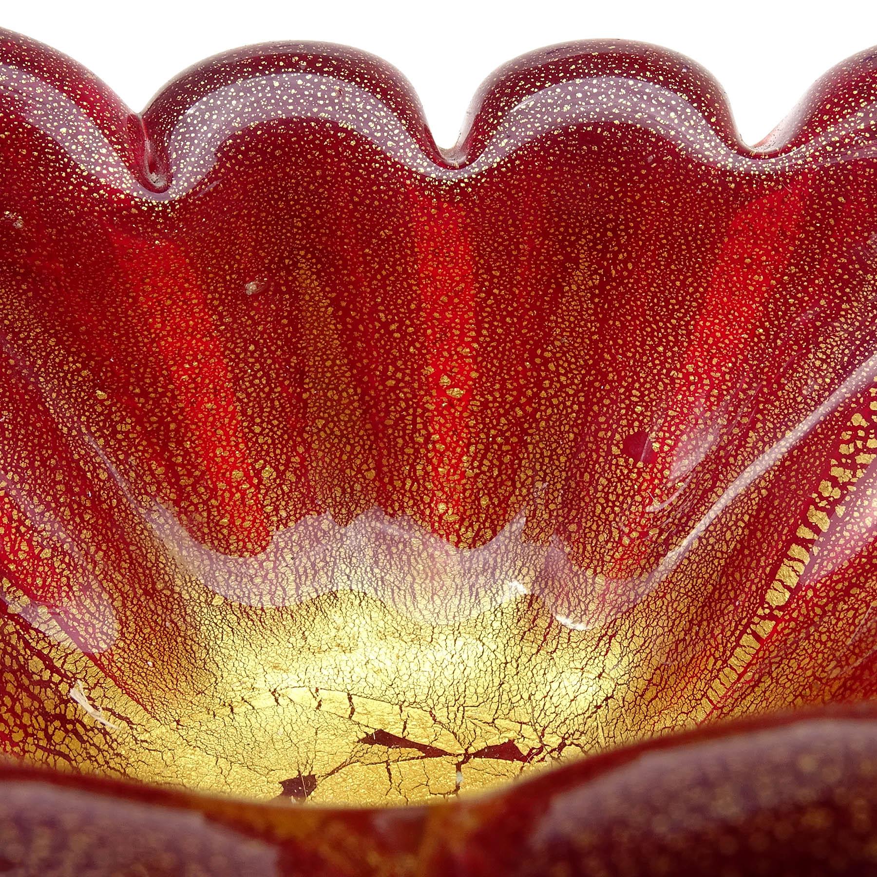 Hand-Crafted Barovier Toso Murano Red Gold Flecks Italian Art Glass Flared Rim Gondola Bowl For Sale