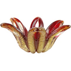 Barovier Toso Murano Red Gold Flecks Italian Art Glass Flower Star Flared Bowl