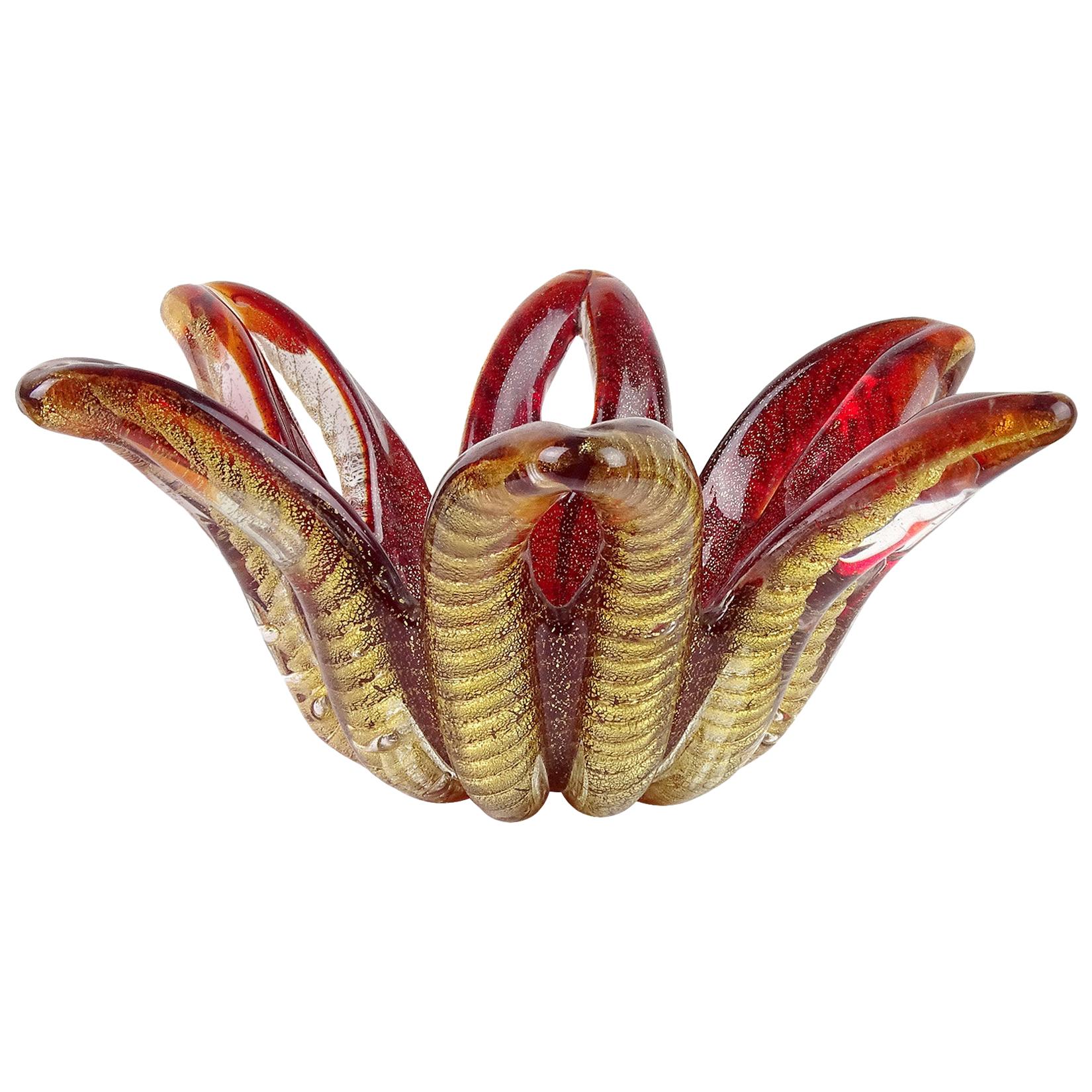 Barovier Toso Murano Red Gold Flecks Italian Art Glass Flower Star Flared Bowl