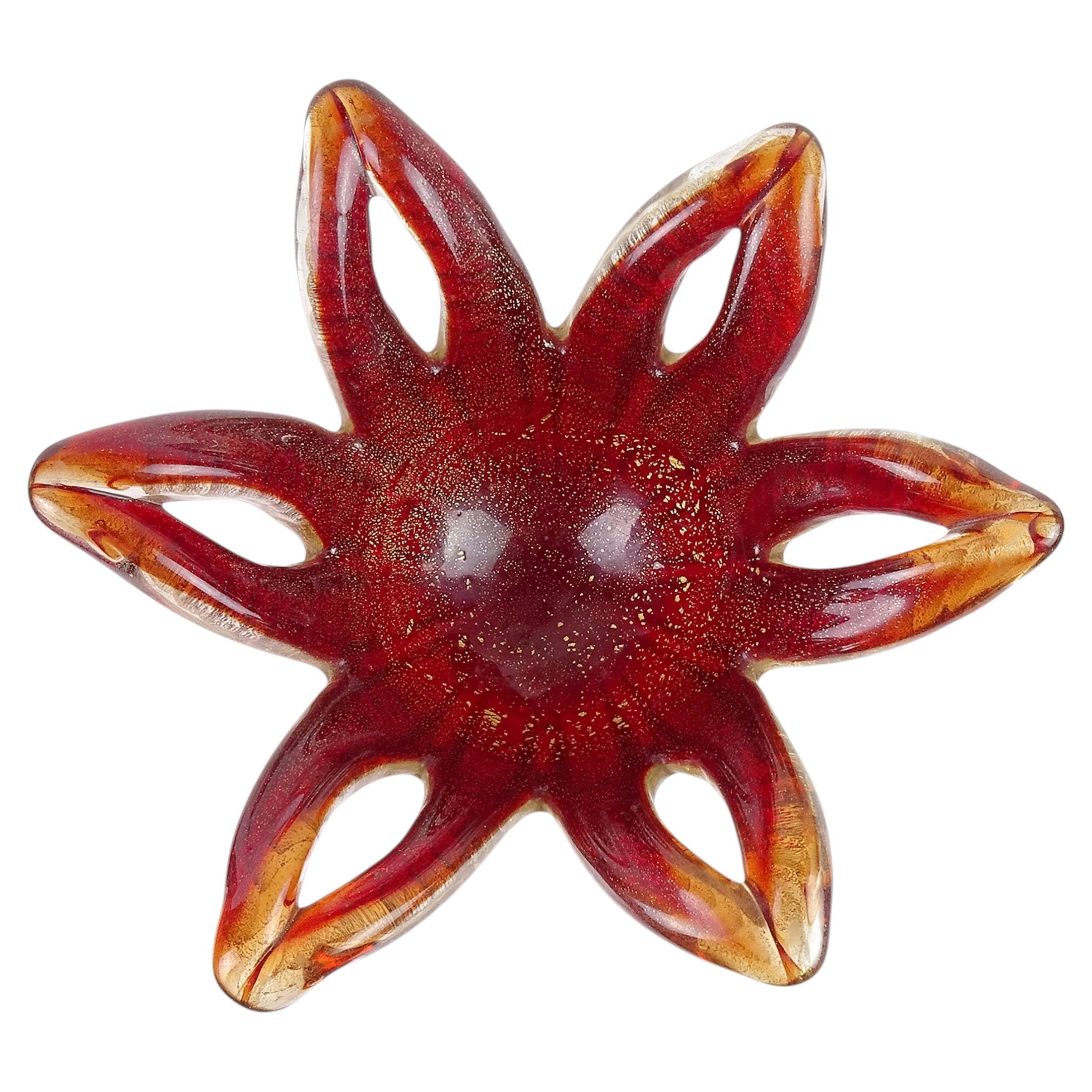 Barovier Toso Murano Red Gold Flecks Italian Art Glass Flower Star Flared Bowl For Sale