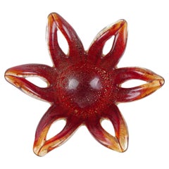 Barovier Toso Murano Red Gold Flecks Italian Art Glass Flower Star Flared Bowl