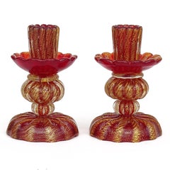 Barovier Toso Murano Red Gold Flecks Italian Art Glass Ribbed Candlestick Pair
