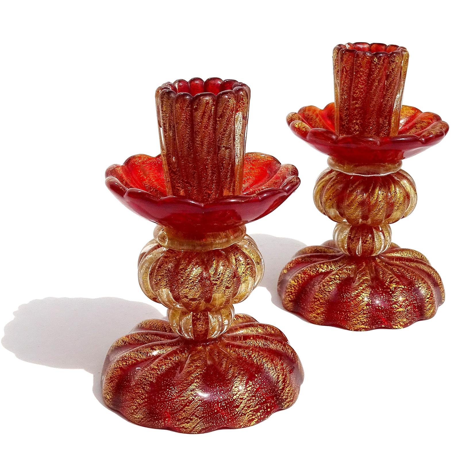 Mid-Century Modern Barovier Toso Murano Red Gold Flecks Italian Art Glass Ribbed Candlestick Pair
