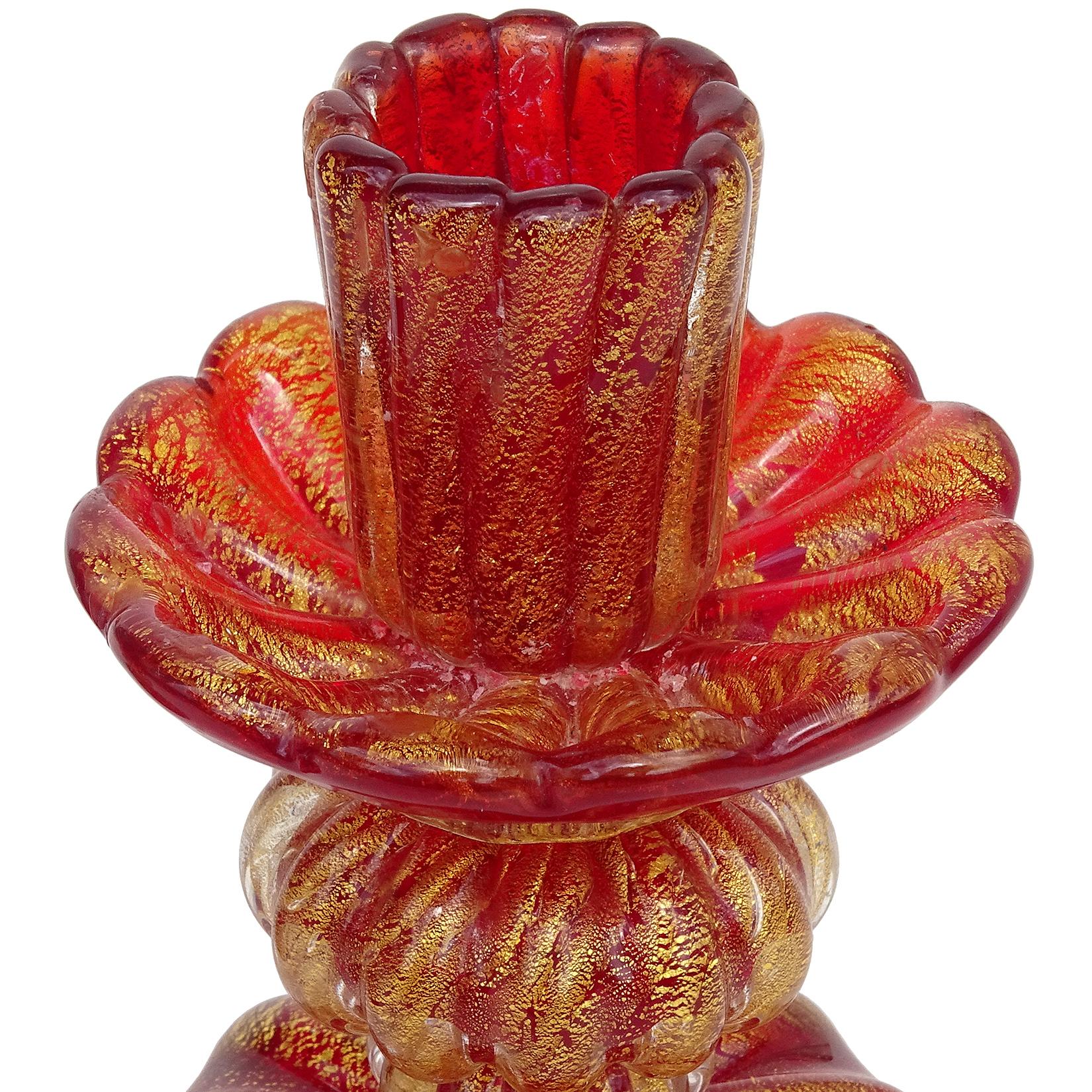Hand-Crafted Barovier Toso Murano Red Gold Flecks Italian Art Glass Ribbed Candlestick Pair