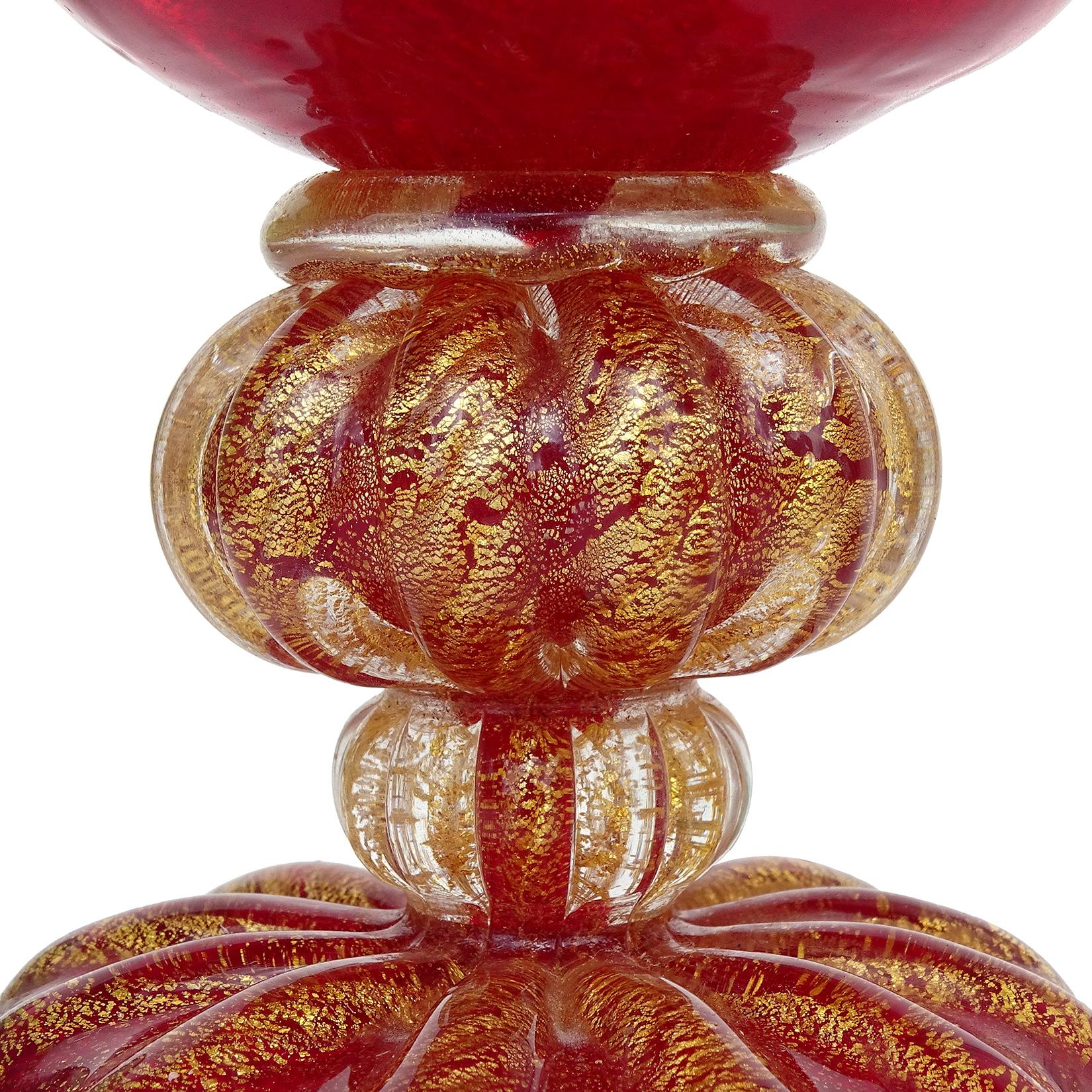 Barovier Toso Murano Red Gold Flecks Italian Art Glass Ribbed Candlestick Pair In Good Condition In Kissimmee, FL