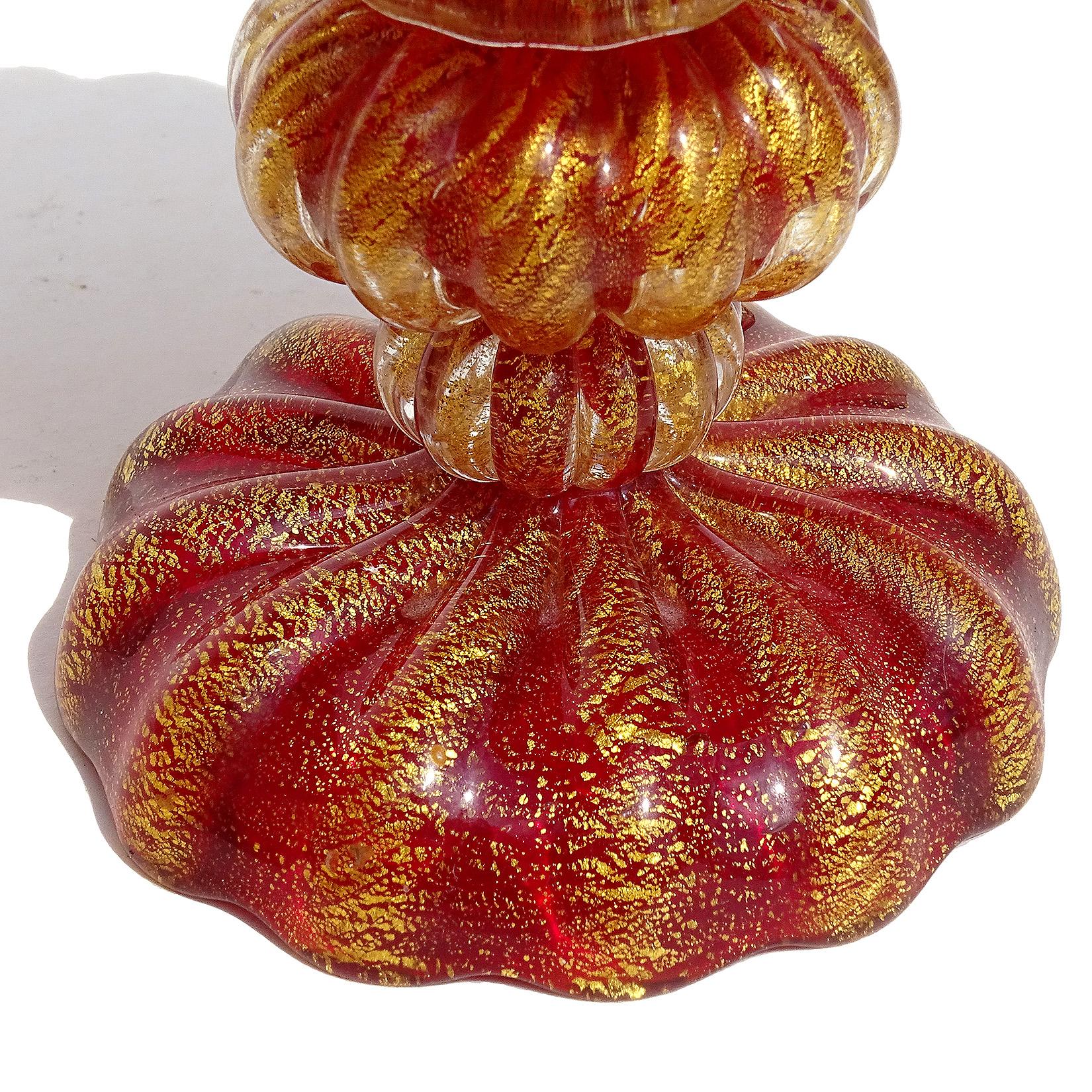 20th Century Barovier Toso Murano Red Gold Flecks Italian Art Glass Ribbed Candlestick Pair