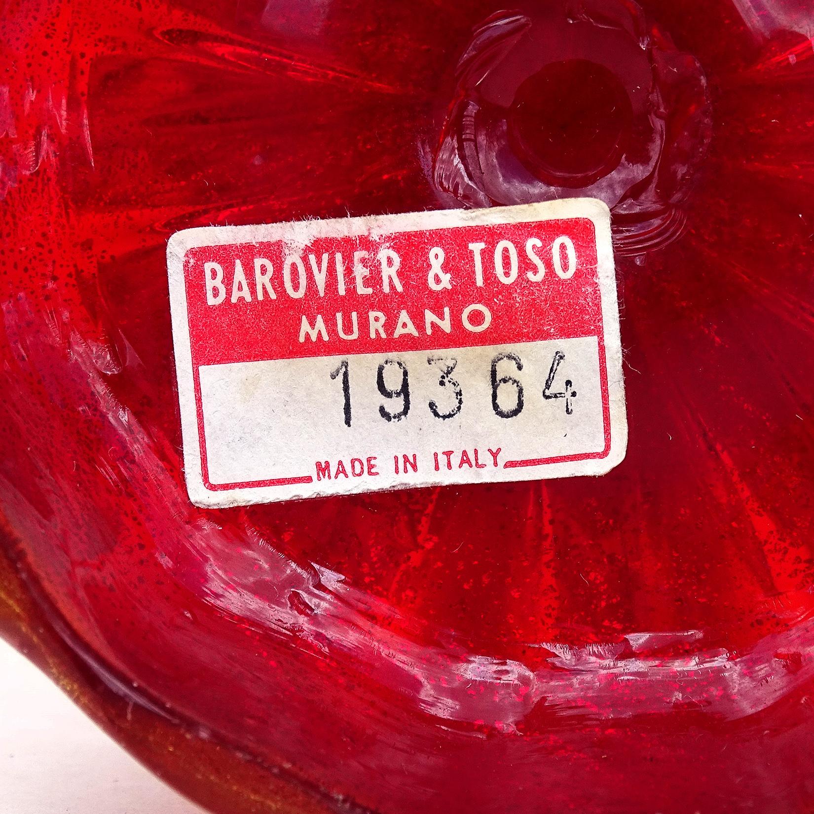 Murano Glass Barovier Toso Murano Red Gold Flecks Italian Art Glass Ribbed Candlestick Pair