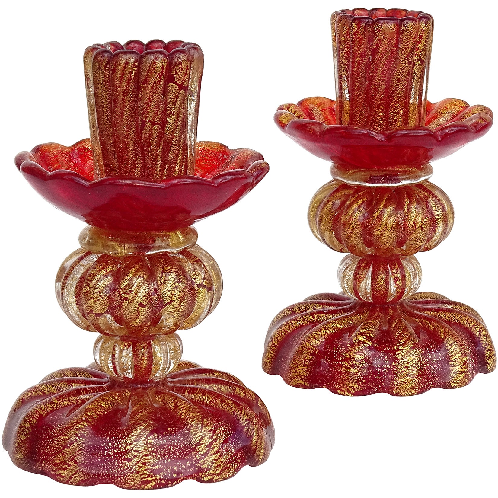 Barovier Toso Murano Red Gold Flecks Italian Art Glass Ribbed Candlestick Pair