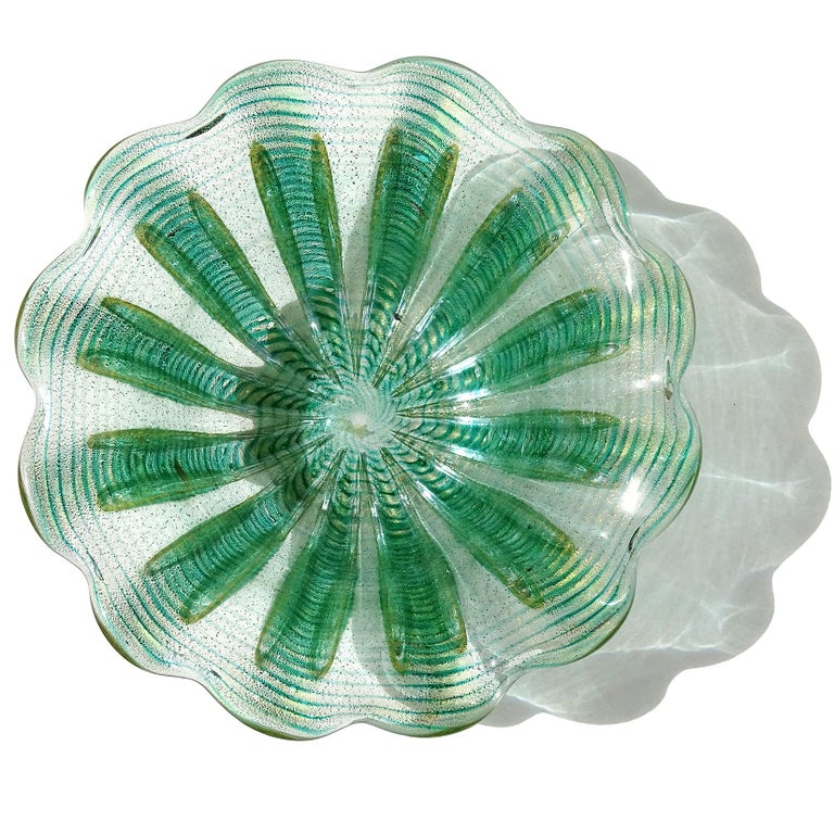 Barovier Toso Murano Green Gold Flecks Italian Art Glass Ribbed Centerpiece Bowl For Sale at 1stDibs